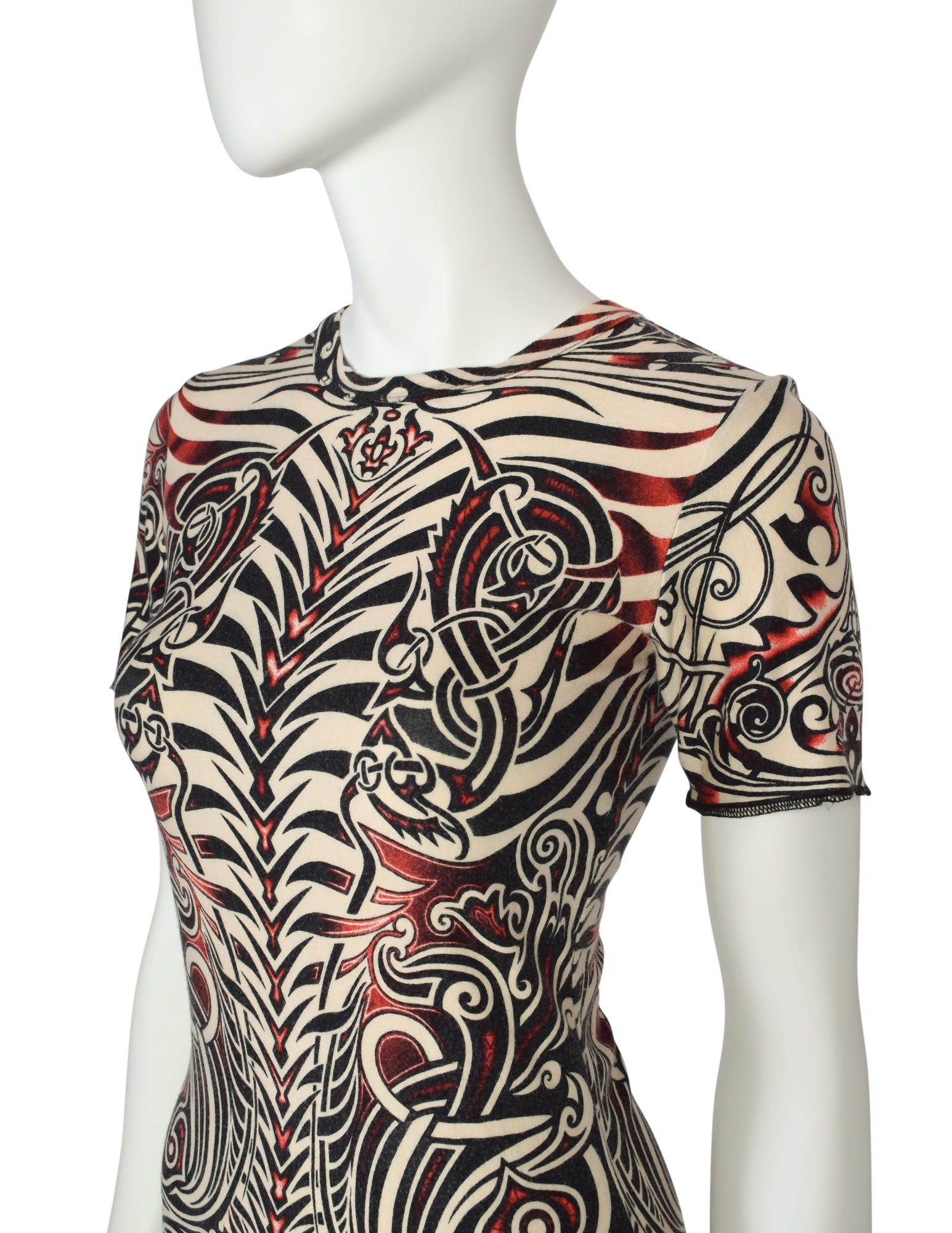 Jean Paul Gaultier Vintage SS 1996 Cyberbaba Tribal Tattoo Print Black White Red T-Shirt