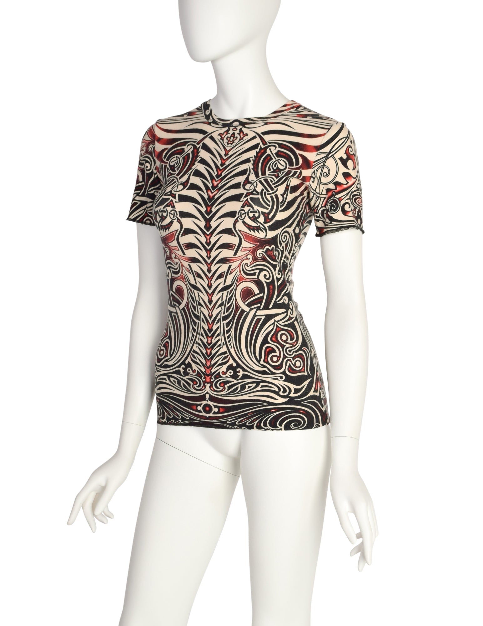 Jean Paul Gaultier Vintage SS 1996 Cyberbaba Tribal Tattoo Print Black White Red T-Shirt