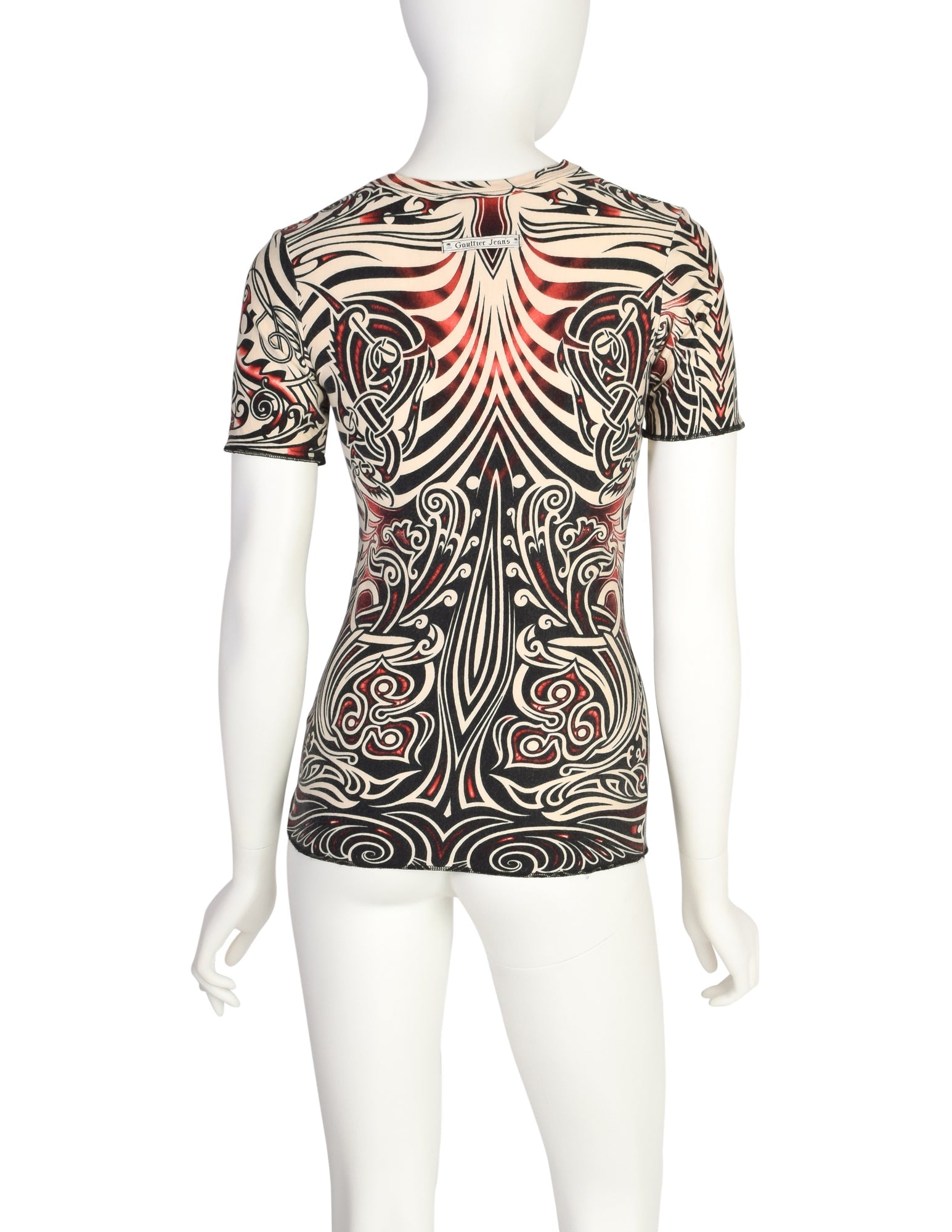 Jean Paul Gaultier Vintage SS 1996 Cyberbaba Tribal Tattoo Print Black White Red T-Shirt