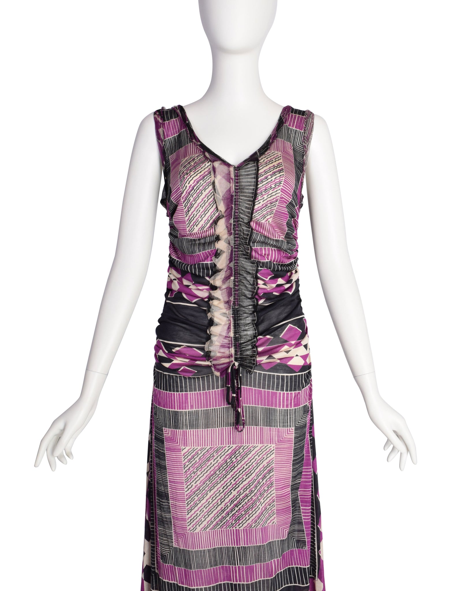 Jean Paul Gaultier Vintage Purple Black Geometric Print Ruched Silk Jersey Dress