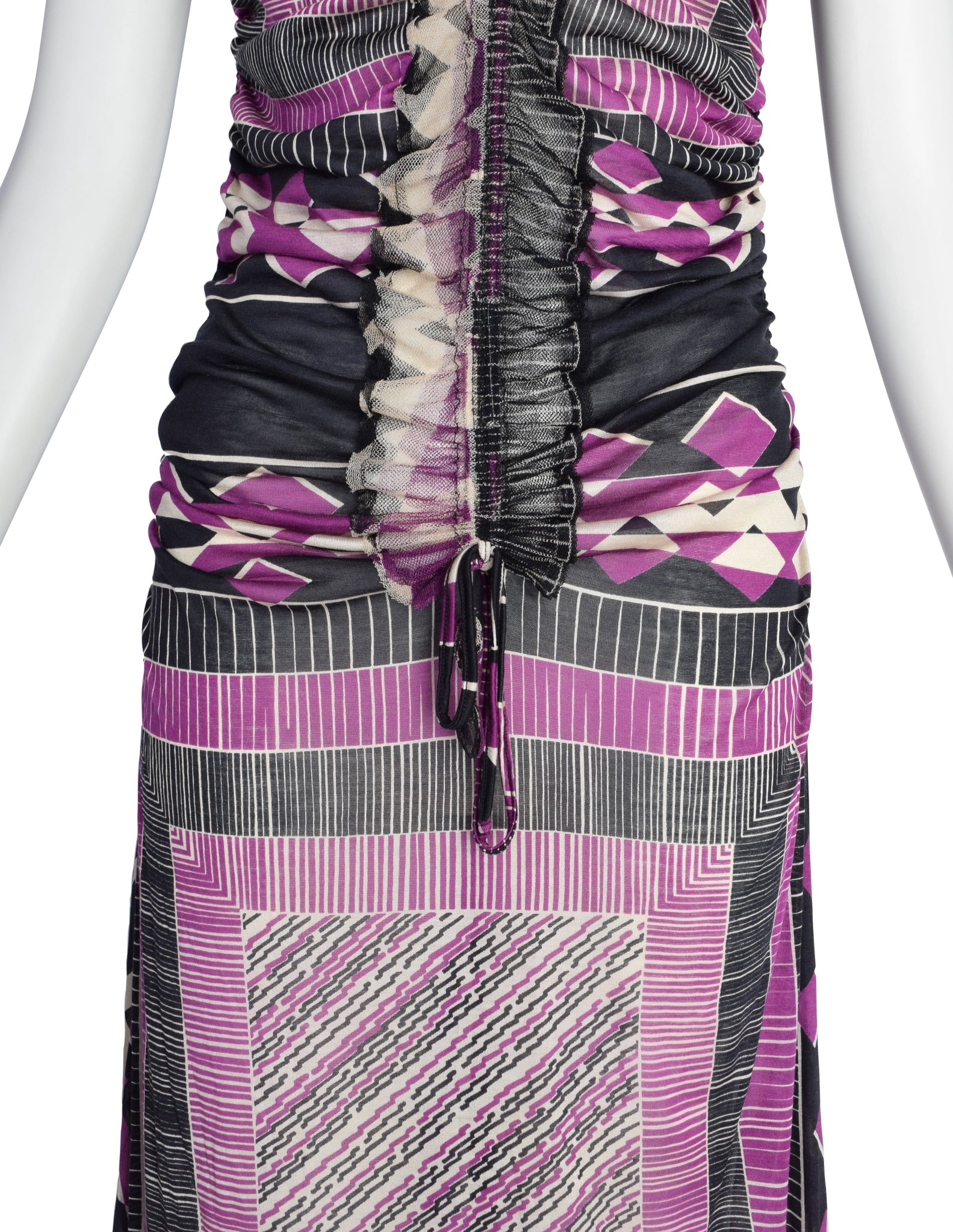 Jean Paul Gaultier Vintage Purple Black Geometric Print Ruched Silk Jersey Dress