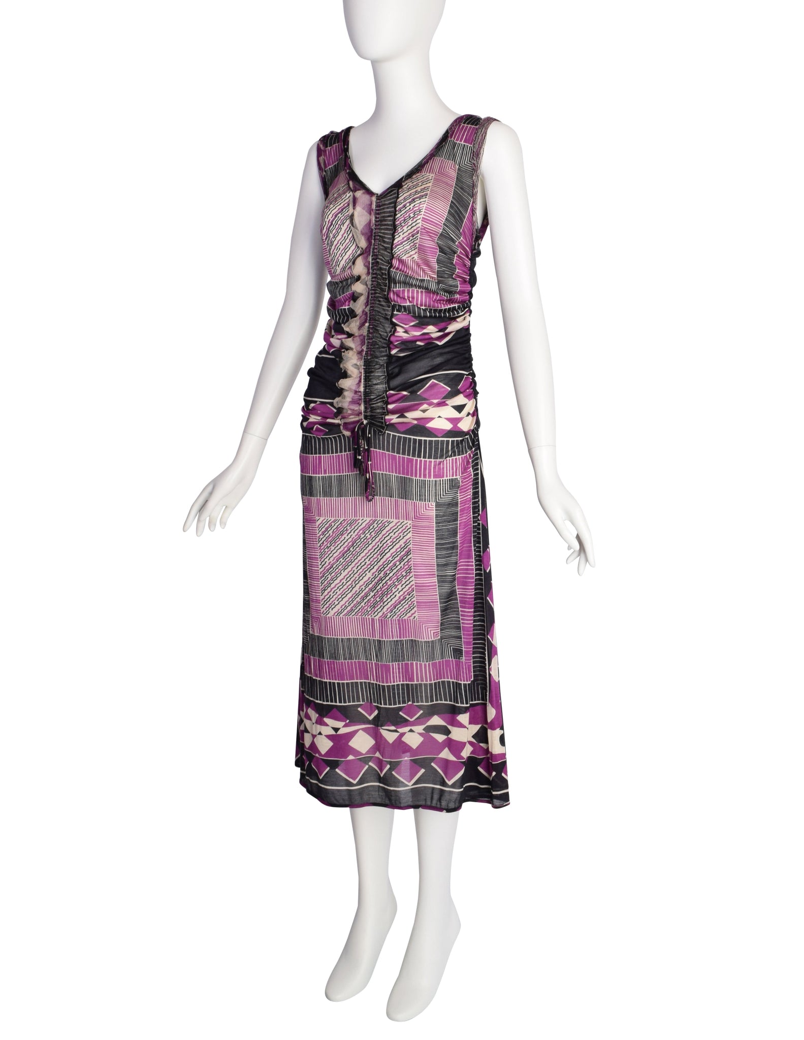 Jean Paul Gaultier Vintage Purple Black Geometric Print Ruched Silk Jersey Dress