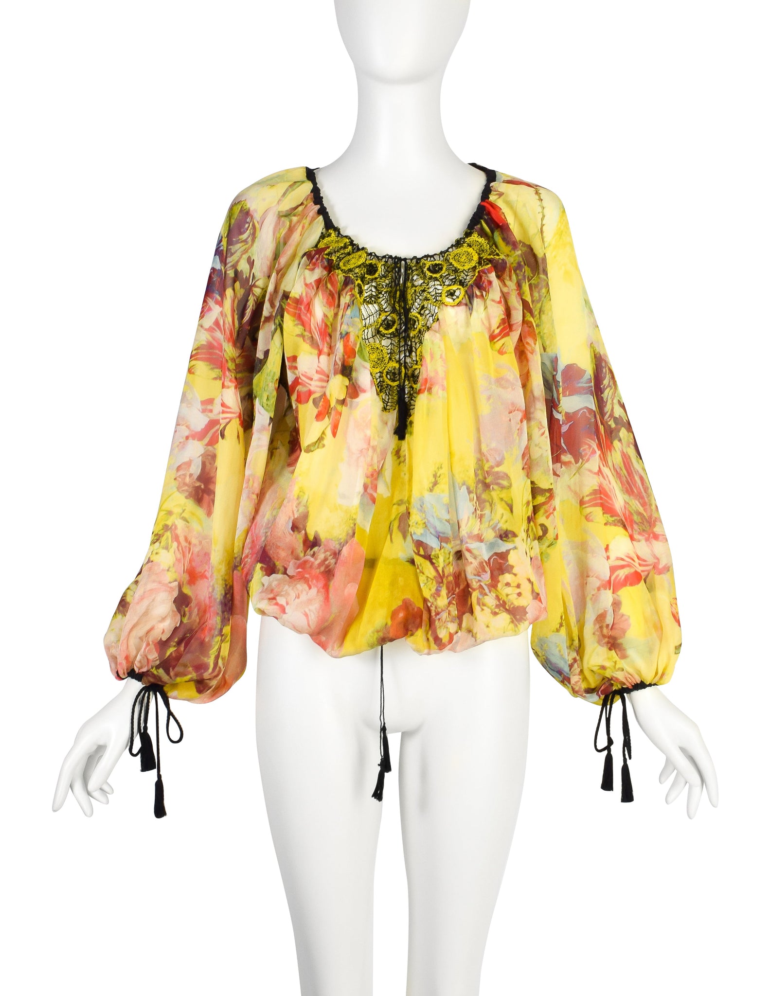 Jean Paul Gaultier Vintage Yellow Red Floral Silk Bishop Sleeve Top