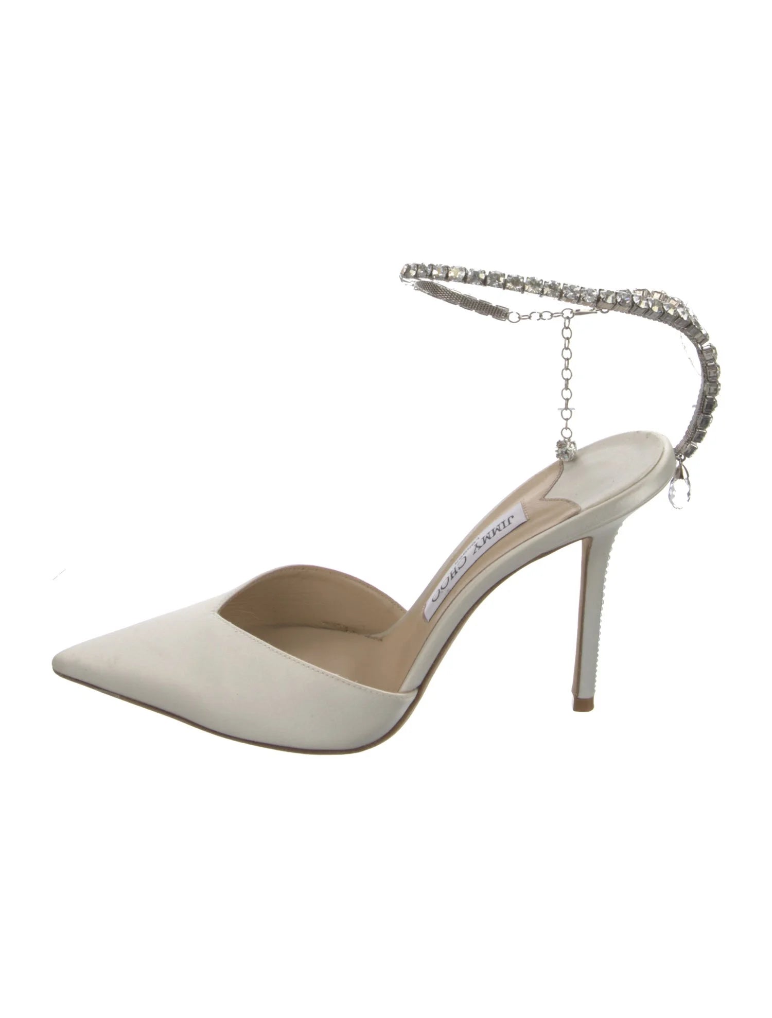 Jimmy Choo Satin Pumps
White
Pointed-Toes with Crystal Embellishments
Wrap-Around Straps & Hook & Eye Closure at Ankles
Includes Box & Dust Bag