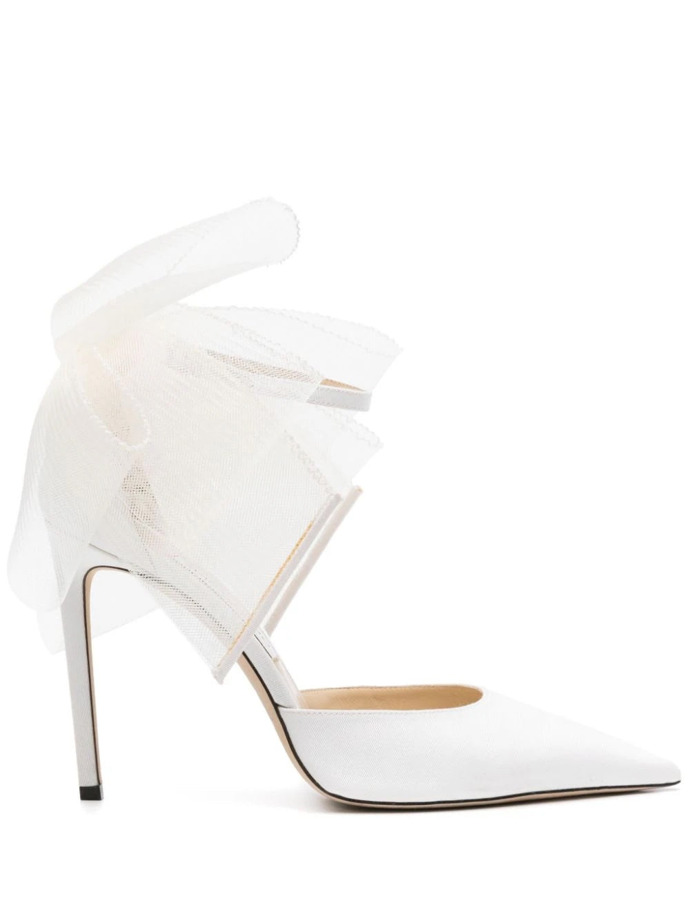 ivory white
twill weave
oversize bow detail
pointed toe
buckle-fastening ankle strap
100mm stiletto heel
branded leather insole
leather lining