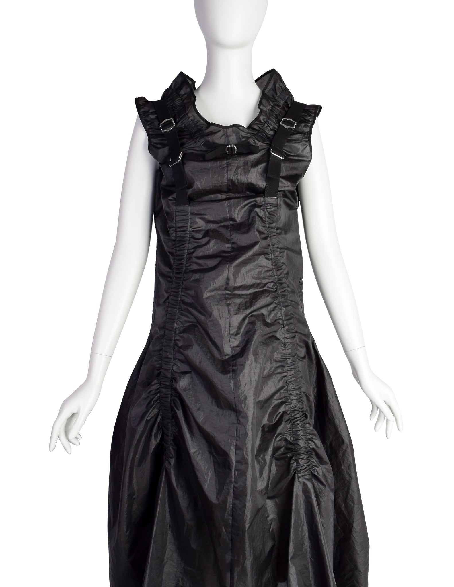 Junya Watanabe Comme des Garcons Vintage SS2003 Phenomenal Black Ruched Buckle Parachute Dress