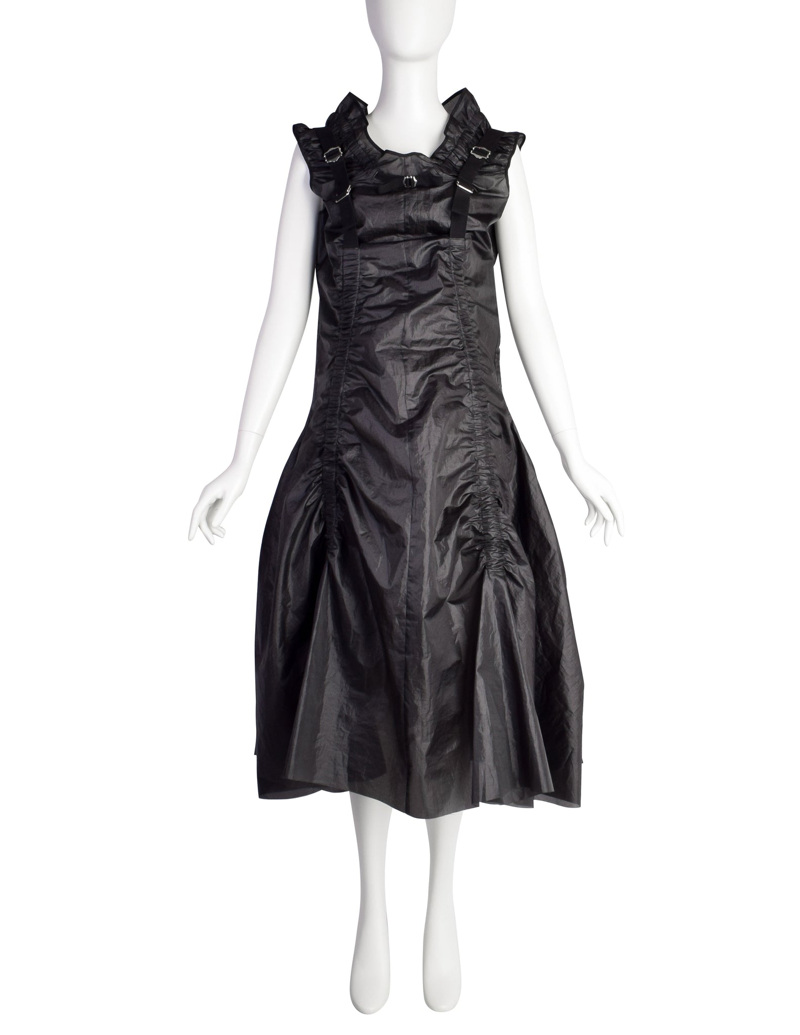 Junya Watanabe Comme des Garcons Vintage SS2003 Phenomenal Black Ruched Buckle Parachute Dress