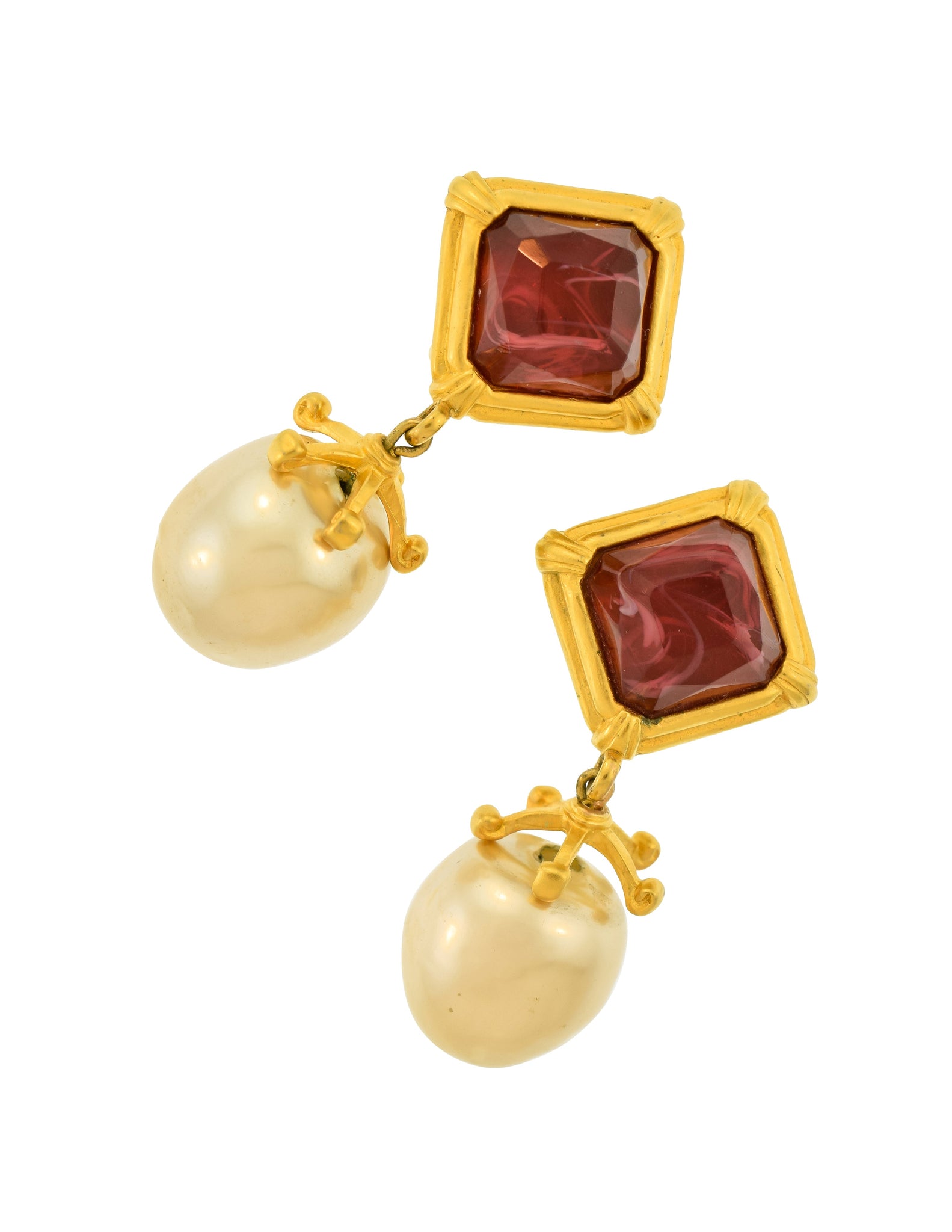 Karl Lagerfeld Vintage Brushed Gold Marbled Red Glass Dangling Pearl Earrings