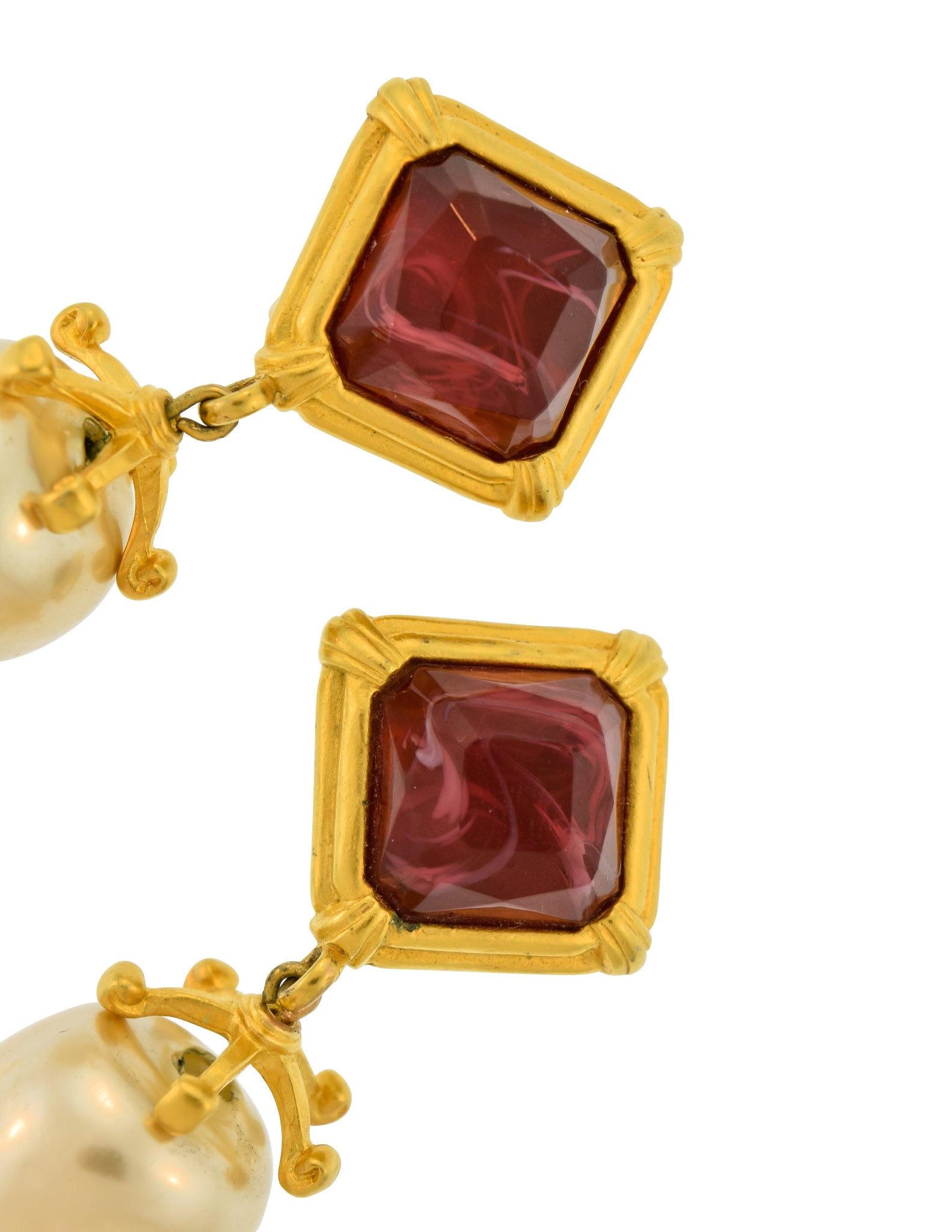 Karl Lagerfeld Vintage Brushed Gold Marbled Red Glass Dangling Pearl Earrings