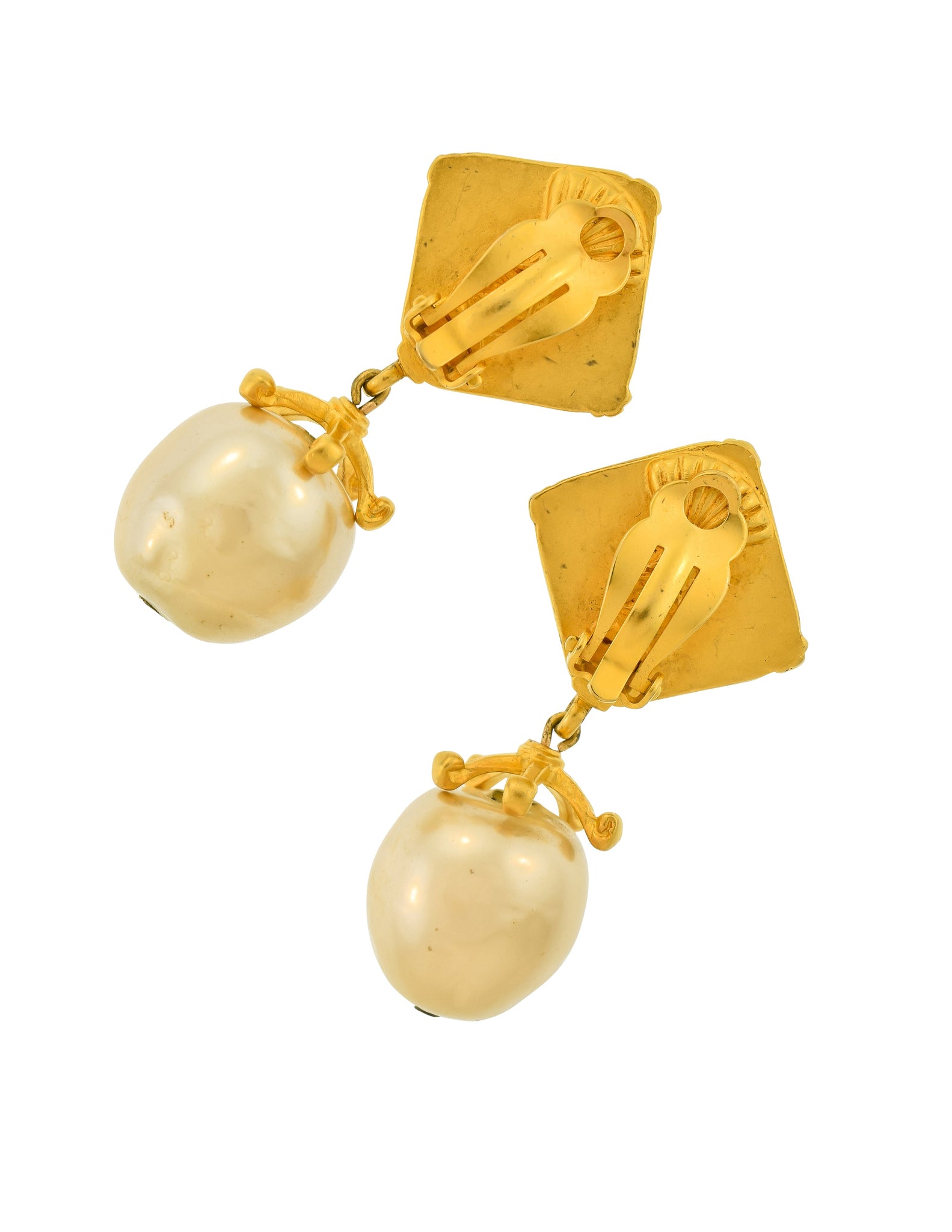 Karl Lagerfeld Vintage Brushed Gold Marbled Red Glass Dangling Pearl Earrings