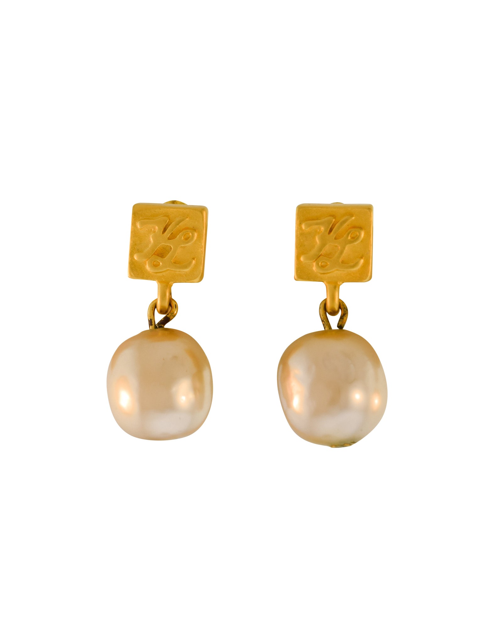 Karl Lagerfeld Vintage Dainty Brushed Gold Logo Baroque Pearl Dangle Earrings