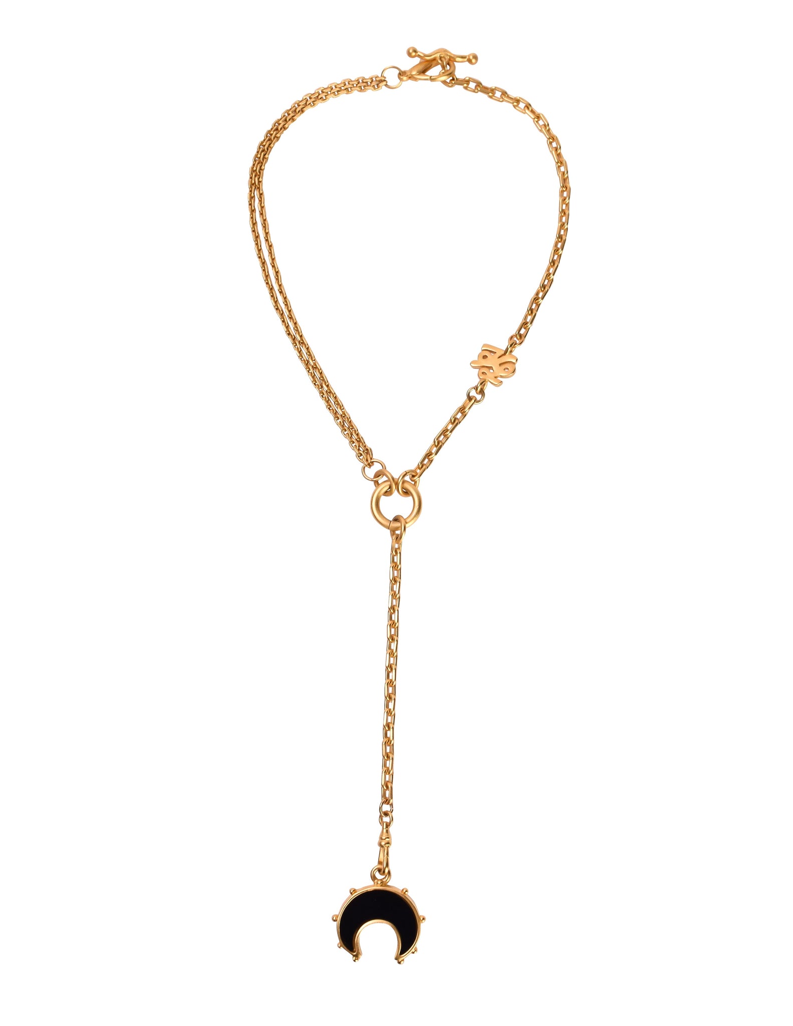 Karl Lagerfeld Vintage Brushed Gold Black Glass Moon Lariat Necklace