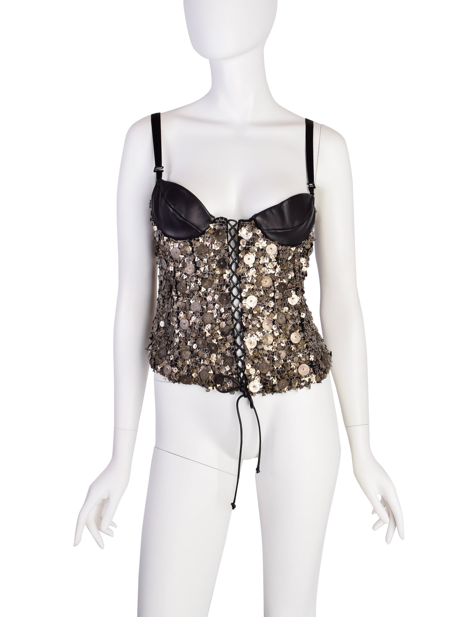 Krizia Vintage AW 2004 Black Leather Silk Brass Metal Embellished Bustier Top