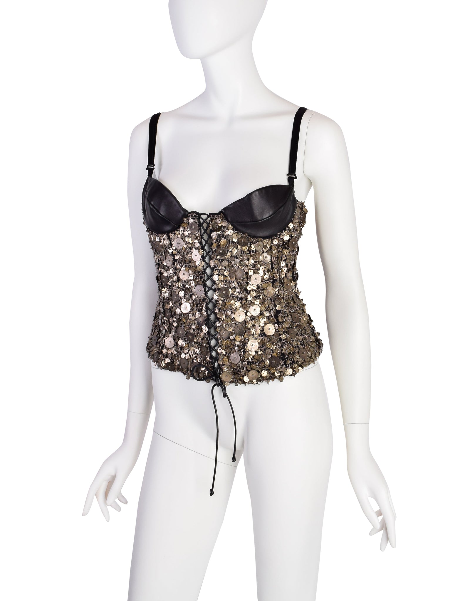 Krizia Vintage AW 2004 Black Leather Silk Brass Metal Embellished Bustier Top