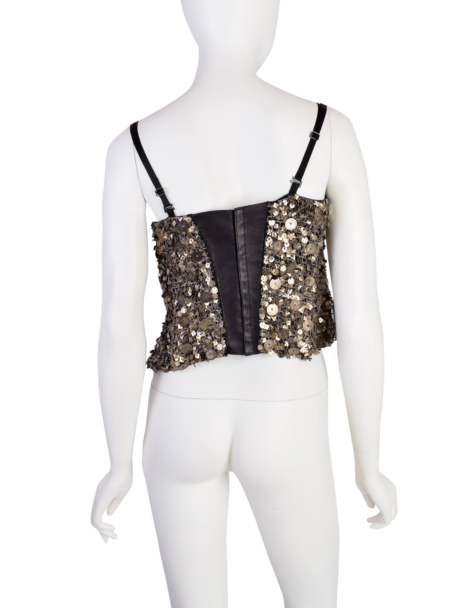 Krizia Vintage AW 2004 Black Leather Silk Brass Metal Embellished Bustier Top