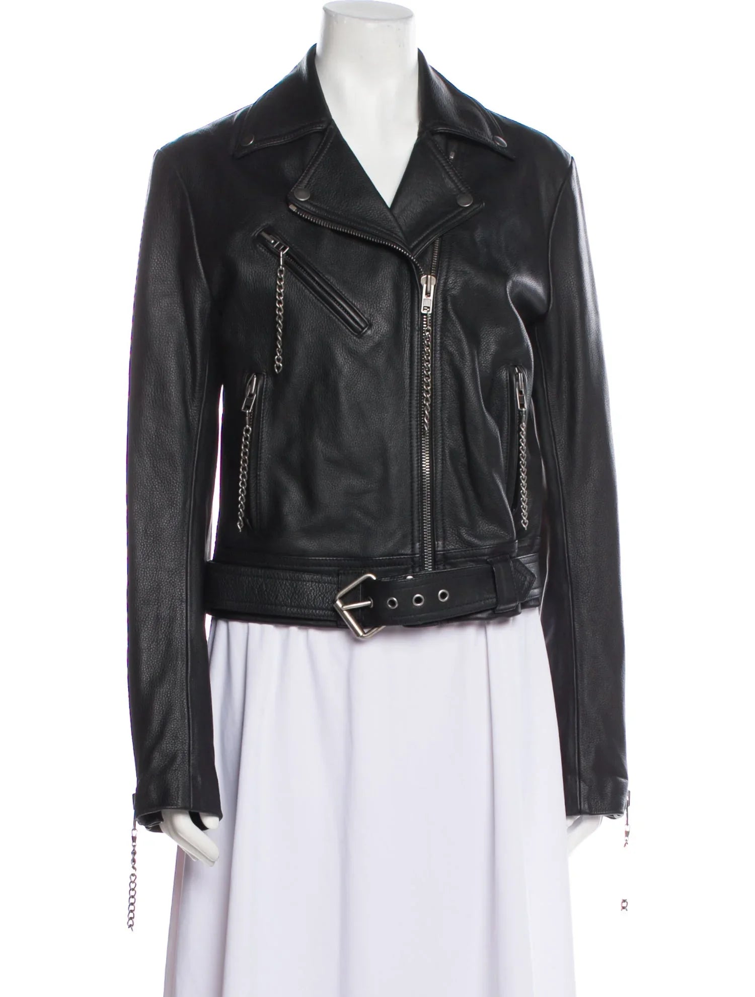 Maison Martin Margiela
2012 Leather Biker Jacket
Size: M | US6, IT42
Bust: 36"
Waist: 33"
Shoulder: 16.75"
Length: 23"
Sleeve: 32.25"
Gender: Women
Fabric: 100% Leather; Lining 100% Cotton; Sleeve Lining 100% Rayon
