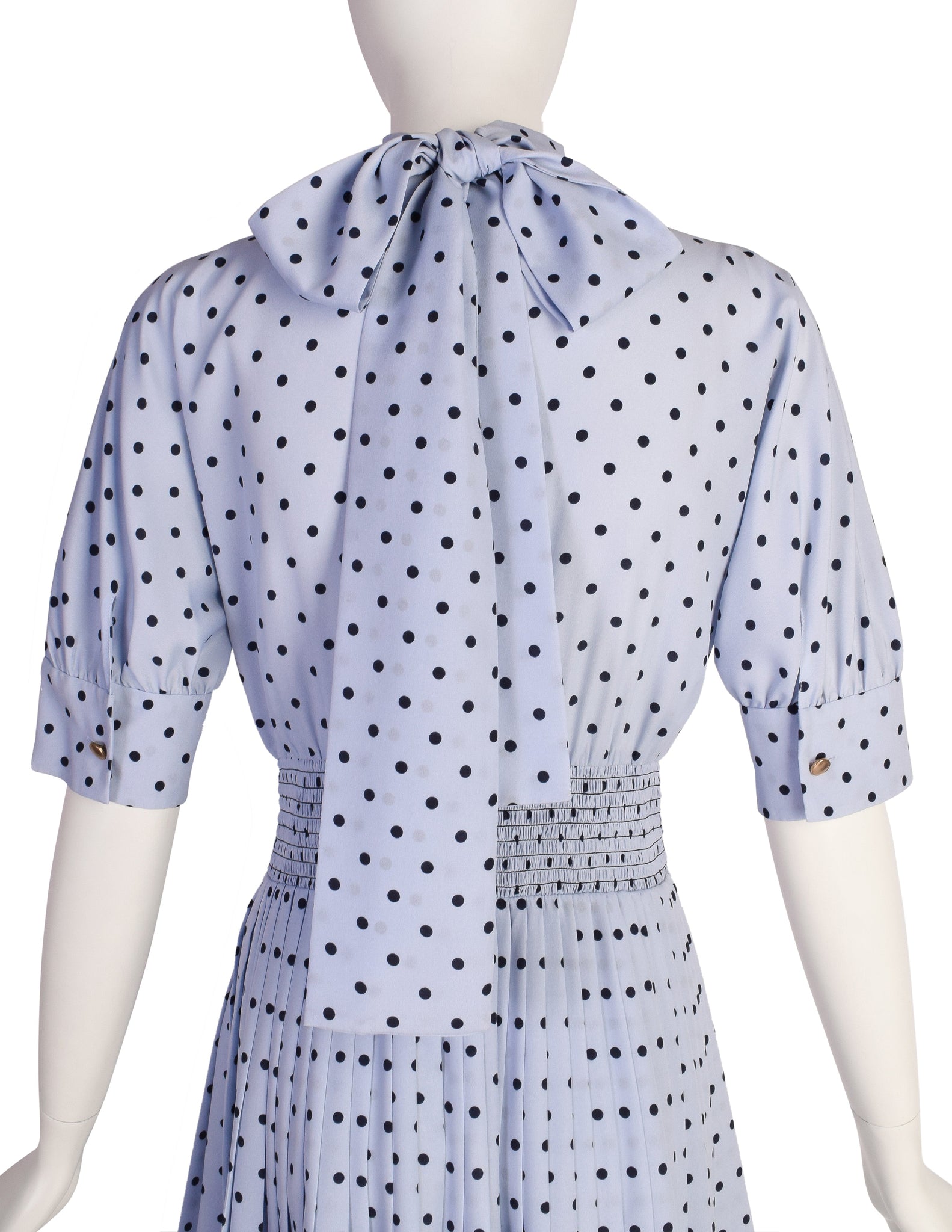 Prada Periwinkle Navy Polka Dot Smocked Waist Pleated Skirt Lavaliere Dress