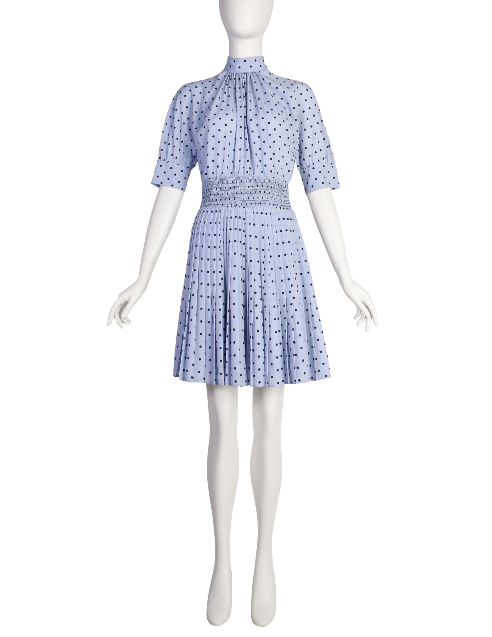 Prada Periwinkle Navy Polka Dot Smocked Waist Pleated Skirt Lavaliere Dress