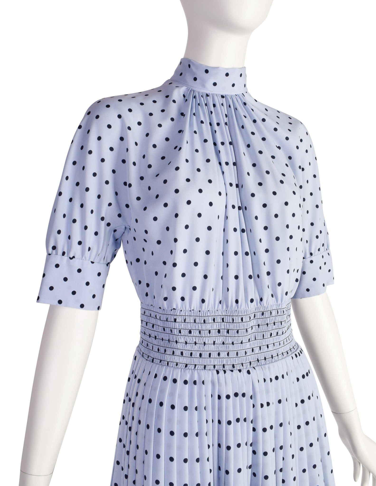 Prada Periwinkle Navy Polka Dot Smocked Waist Pleated Skirt Lavaliere Dress