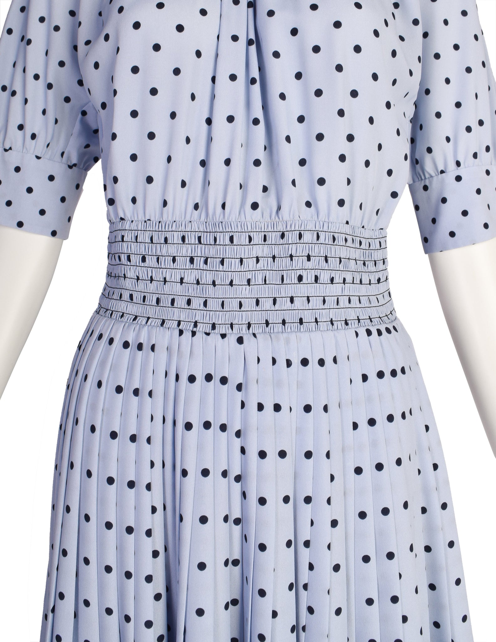 Prada Periwinkle Navy Polka Dot Smocked Waist Pleated Skirt Lavaliere Dress