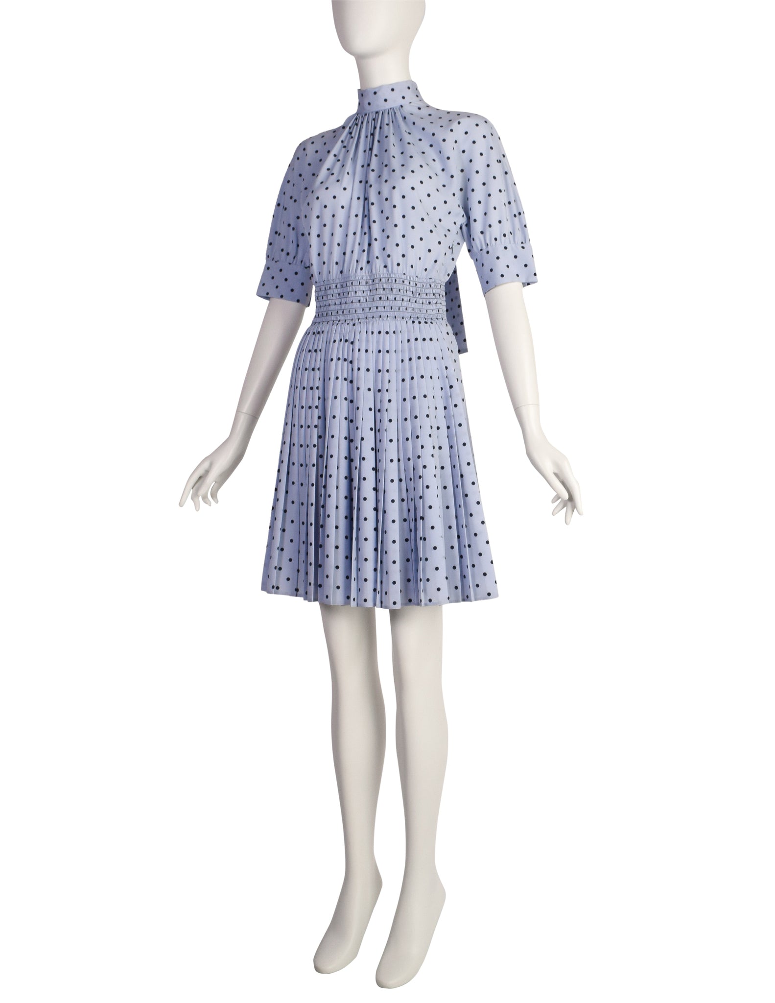 Prada Periwinkle Navy Polka Dot Smocked Waist Pleated Skirt Lavaliere Dress