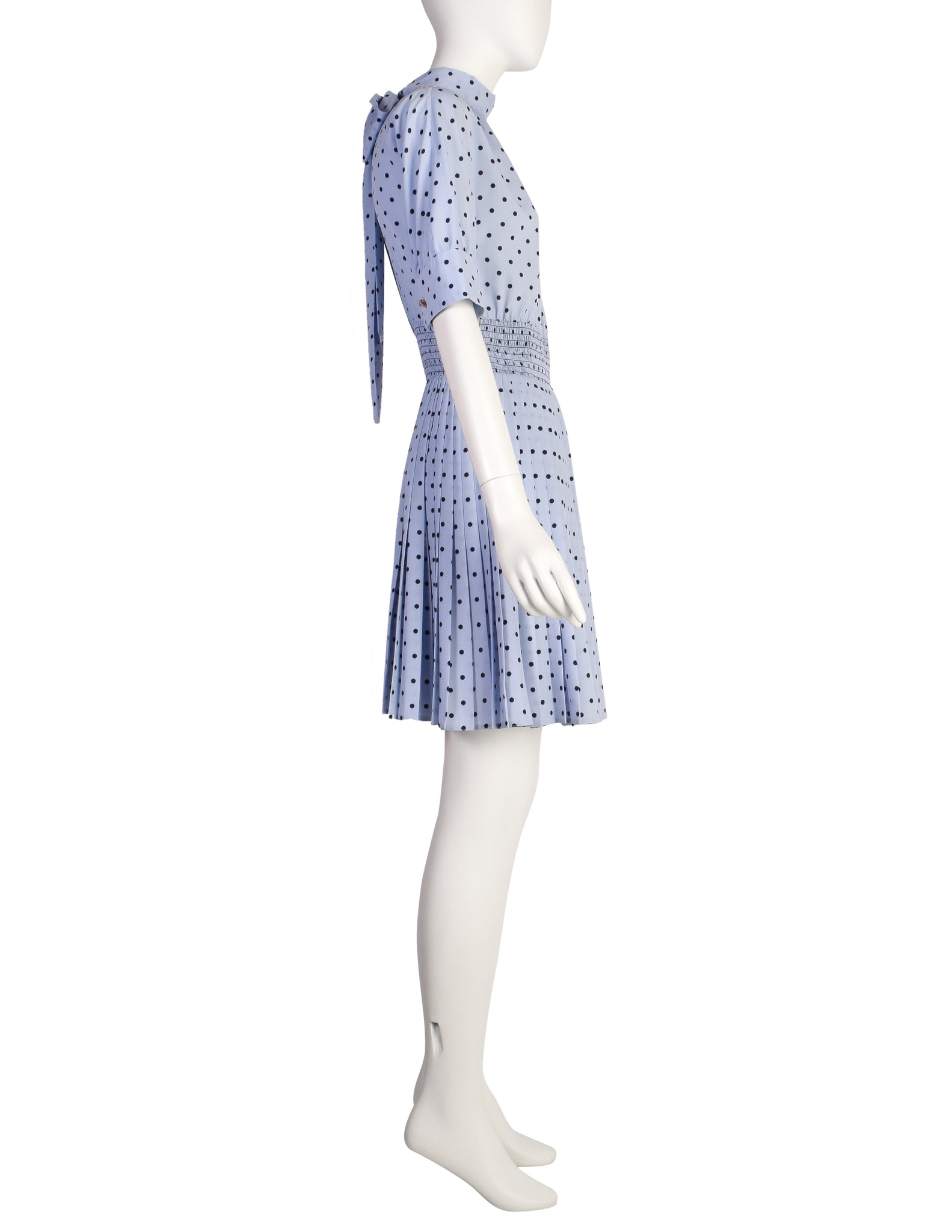 Prada Periwinkle Navy Polka Dot Smocked Waist Pleated Skirt Lavaliere Dress