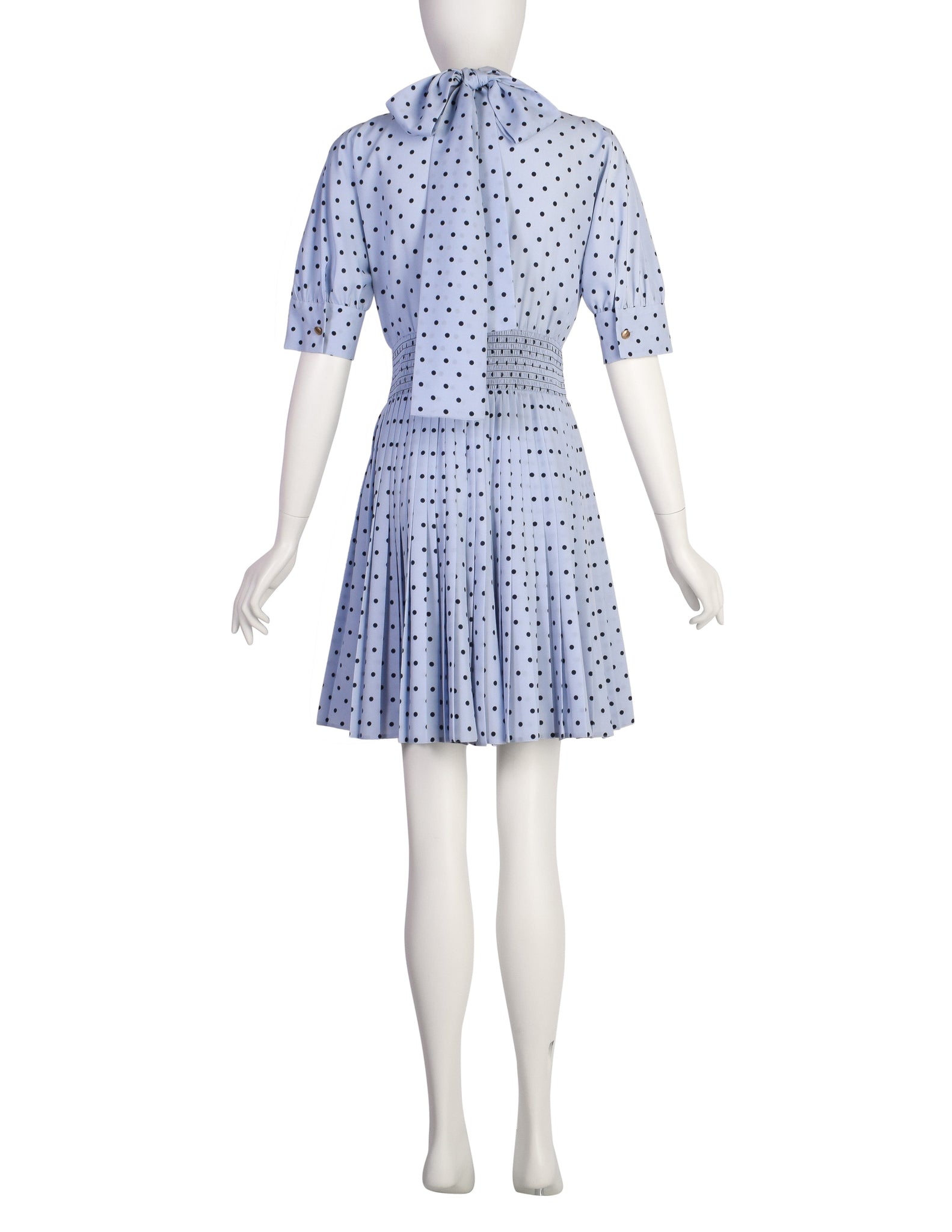 Prada Periwinkle Navy Polka Dot Smocked Waist Pleated Skirt Lavaliere Dress