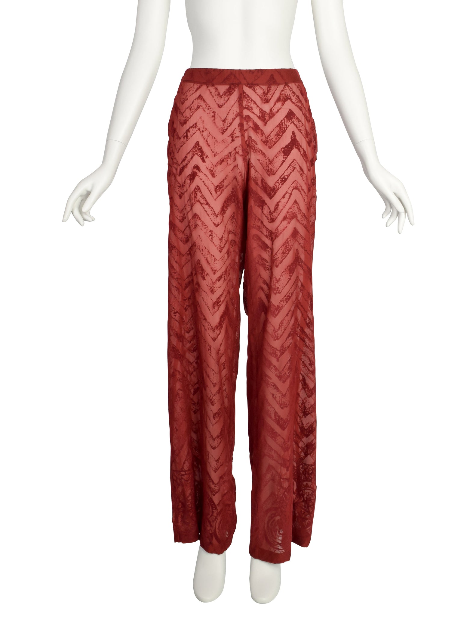 Romeo Gigli Vintage AW 1997 Burgundy Velvet Burnout Sheer Silk Chiffon Pants