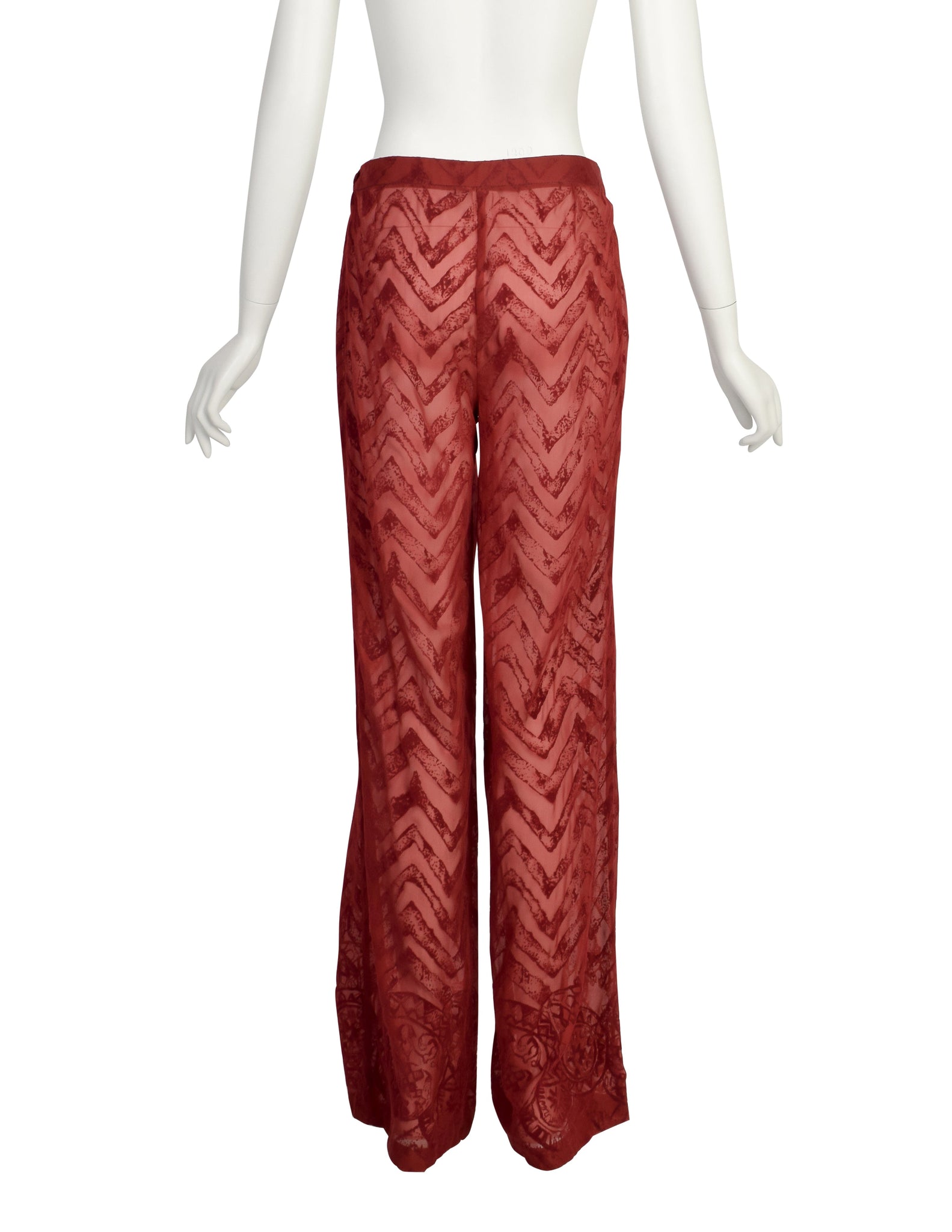 Romeo Gigli Vintage AW 1997 Burgundy Velvet Burnout Sheer Silk Chiffon Pants