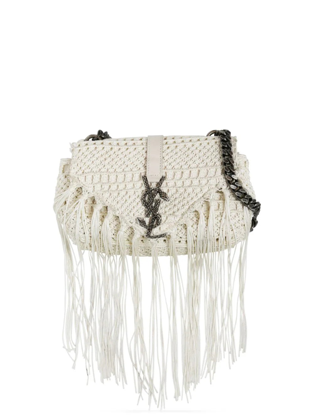 white
cotton
crochet knit
fringe detailing
signature YSL logo plaque
chain-link shoulder strap
foldover top with magnetic fastening
main compartment
silver-tone hardware