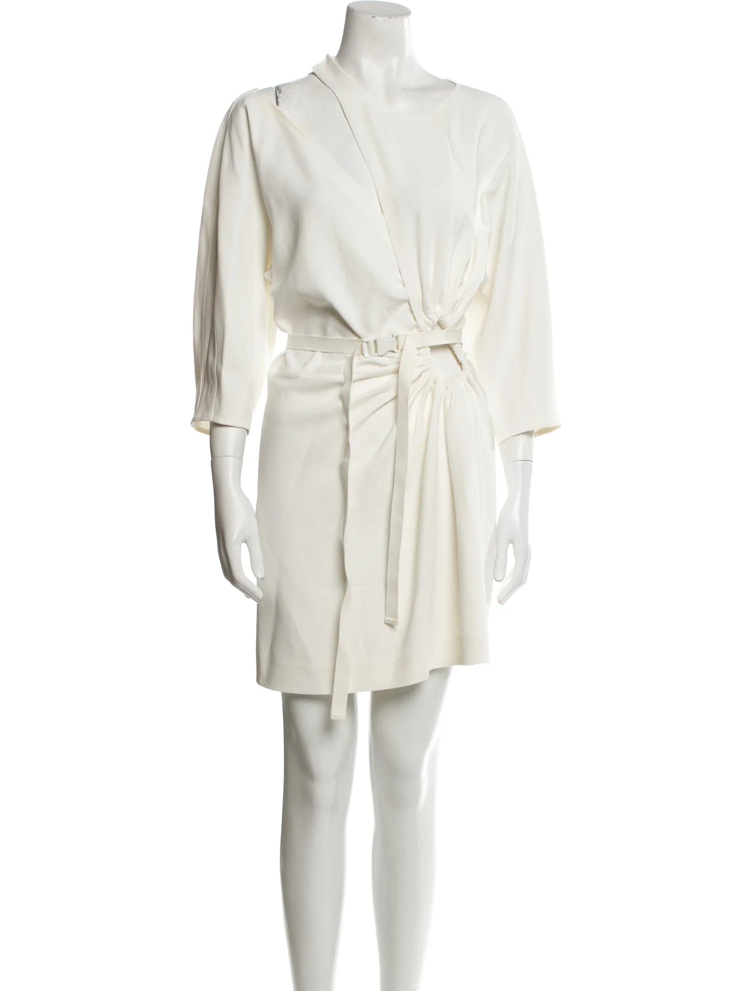 Stella Mccartney V-neck white mini shirtdress dress. Ruffle & cutout accents,  three-quarter sleeve, and button closure at front.