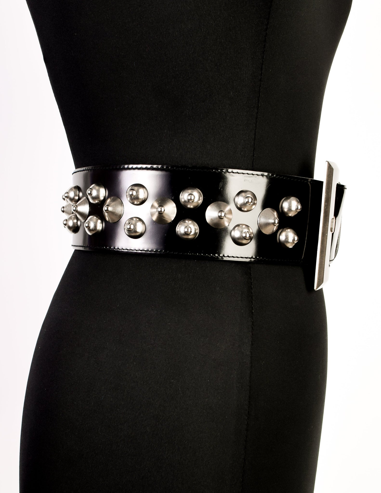 Versace Vintage Black Leather Silver Conic Spike Studded Belt