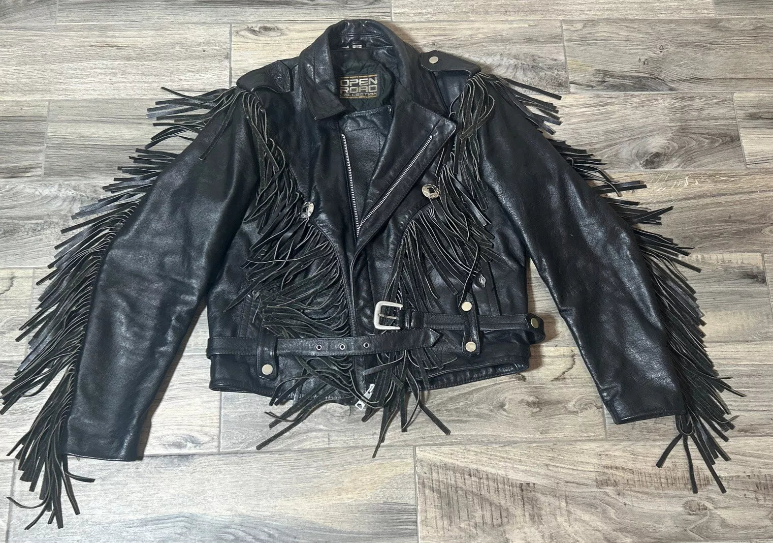 Vintage Open Road Concho Fringe Leather Motorcycle Jacket