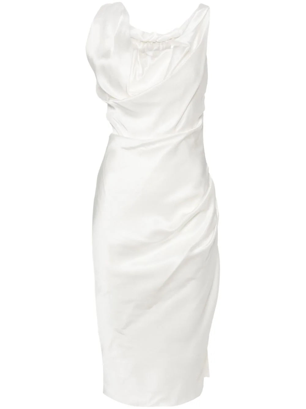 off-white
satin finish
cowl effect
concealed side zip fastening
sleeveless
slip silhouette
straight hem
mid-length