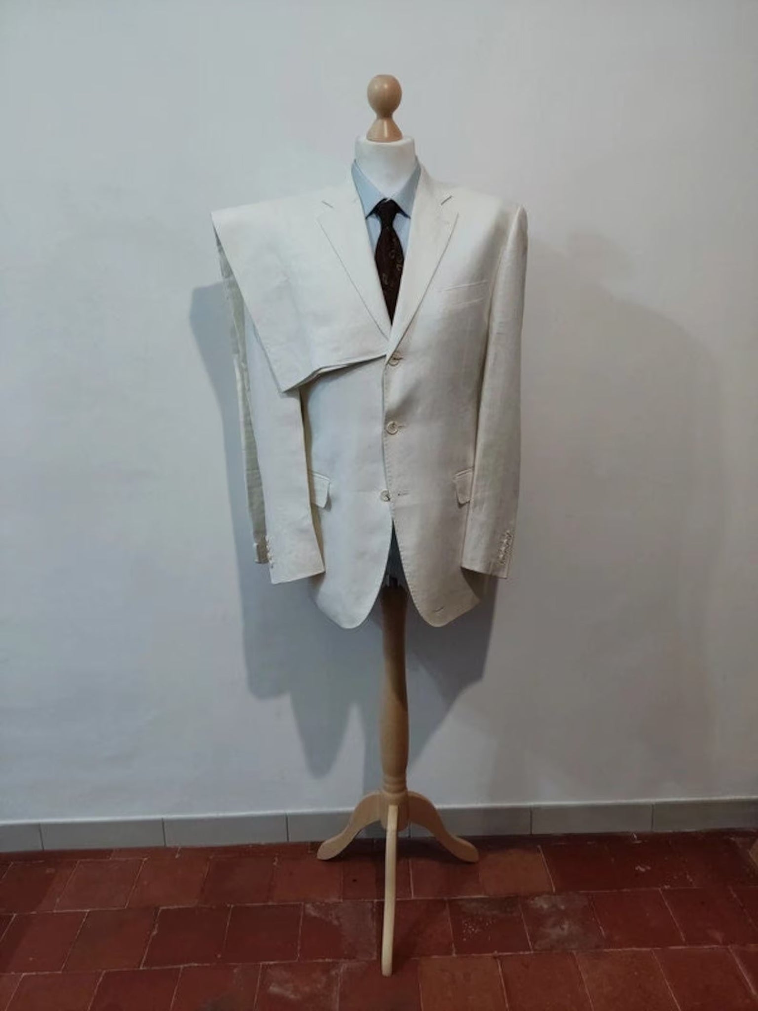 off white linen suit set three button blazer jacket with wide cut high wasited tousers