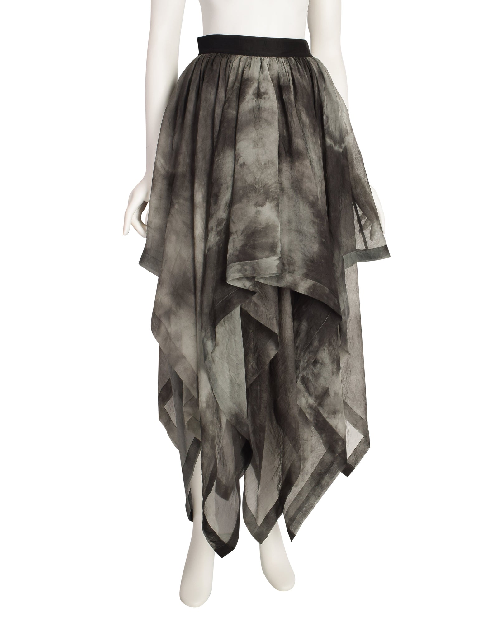 Workers for Freedom Vintage 1990s Grey Black Tie Dye Silk Flowing Scarf Hem Skirt