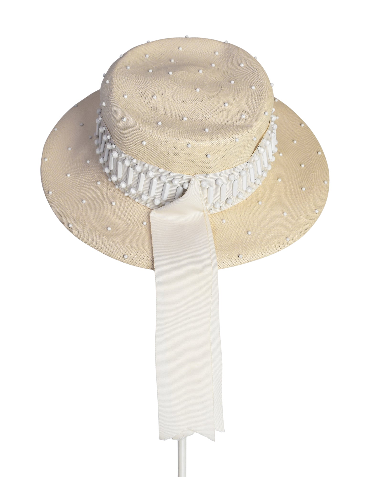 Yves Saint Laurent Vintage 1960s Creamy Beige Straw Studded Boater Hat