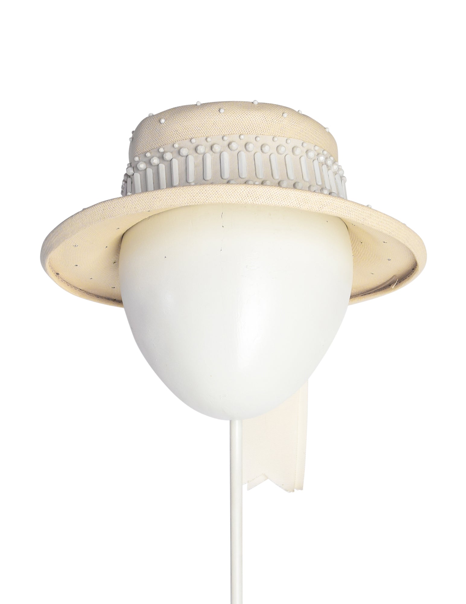 Yves Saint Laurent Vintage 1960s Creamy Beige Straw Studded Boater Hat