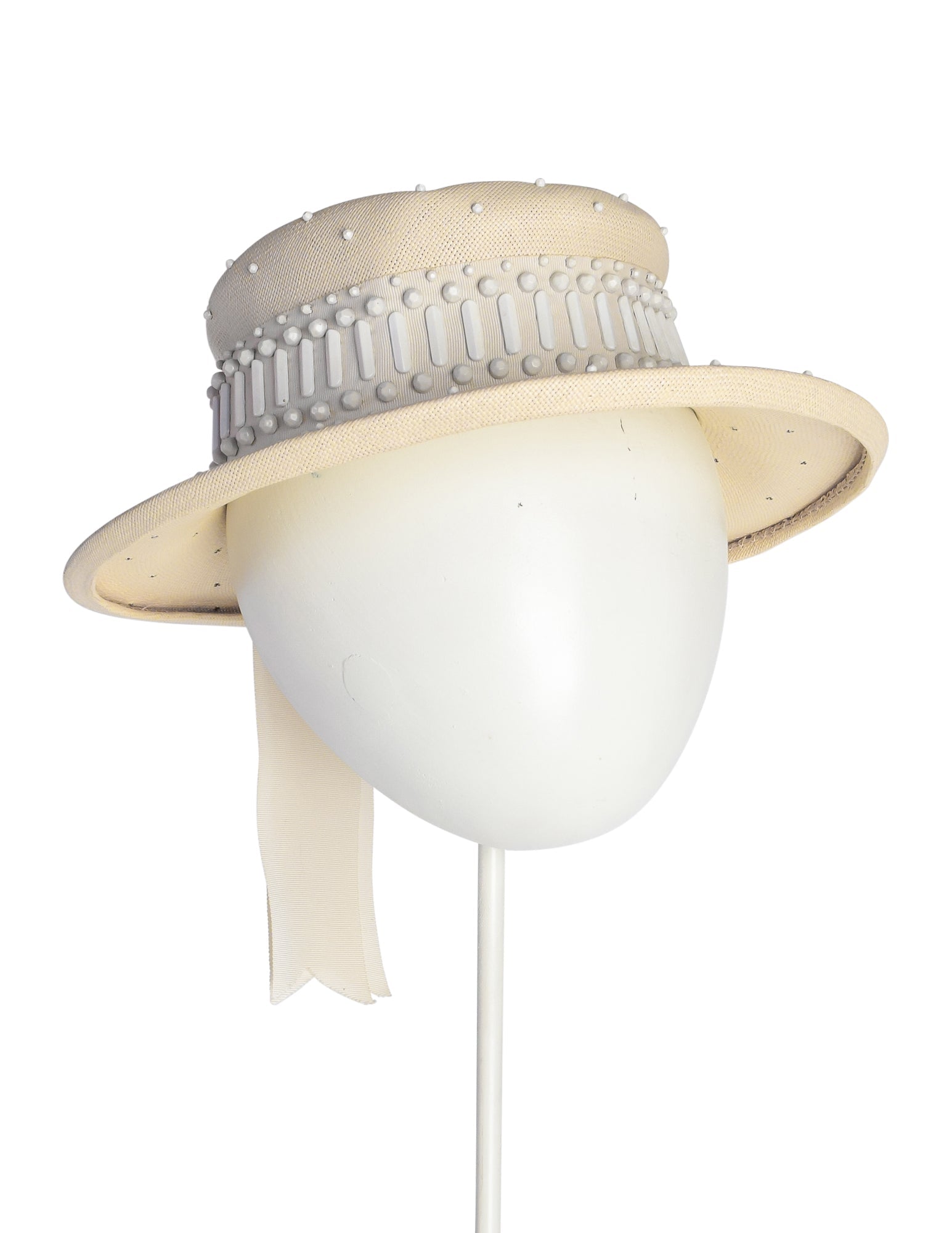 Yves Saint Laurent Vintage 1960s Creamy Beige Straw Studded Boater Hat