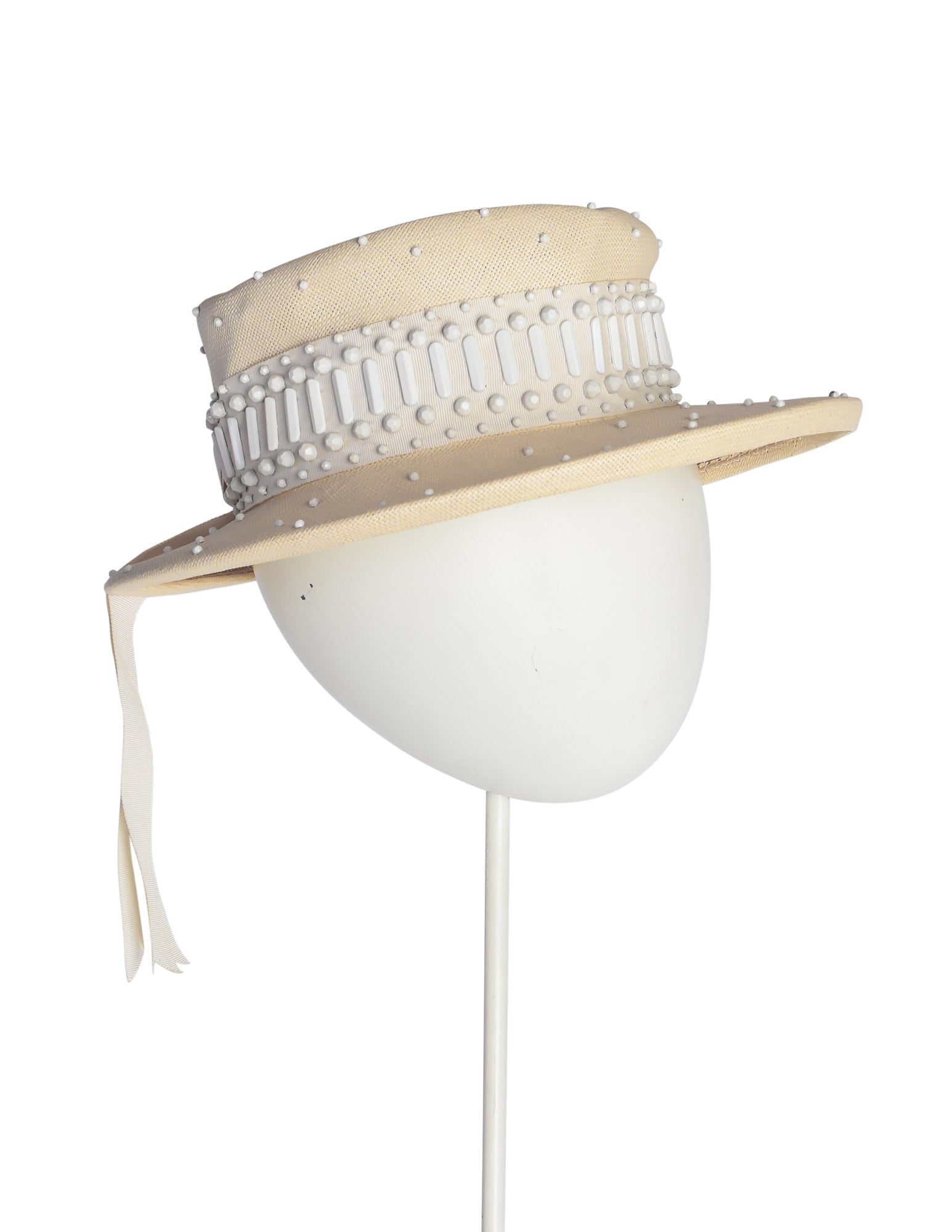 Yves Saint Laurent Vintage 1960s Creamy Beige Straw Studded Boater Hat