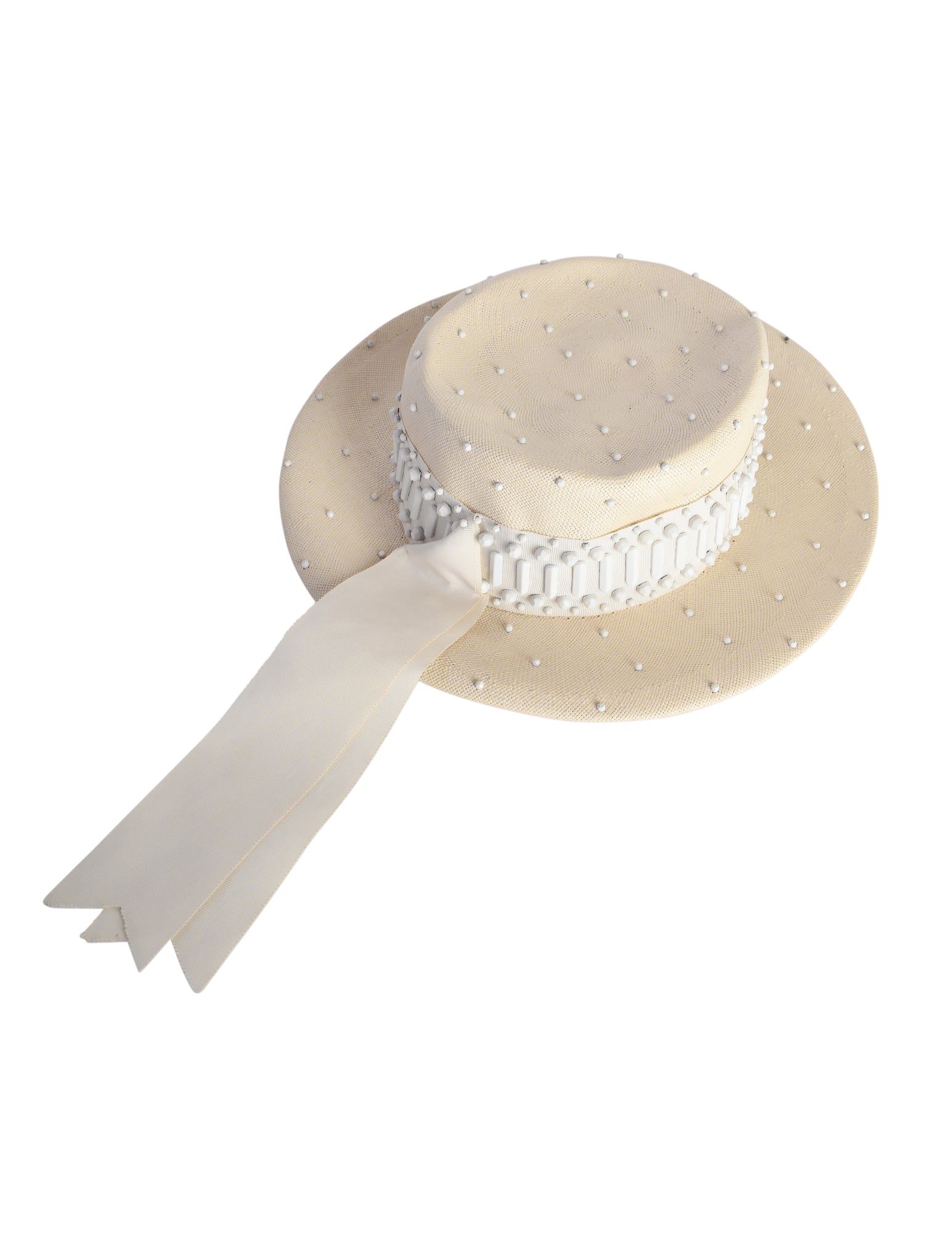 Yves Saint Laurent Vintage 1960s Creamy Beige Straw Studded Boater Hat