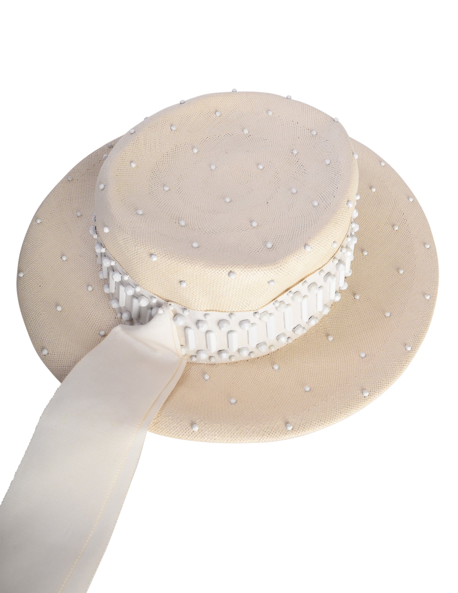 Yves Saint Laurent Vintage 1960s Creamy Beige Straw Studded Boater Hat