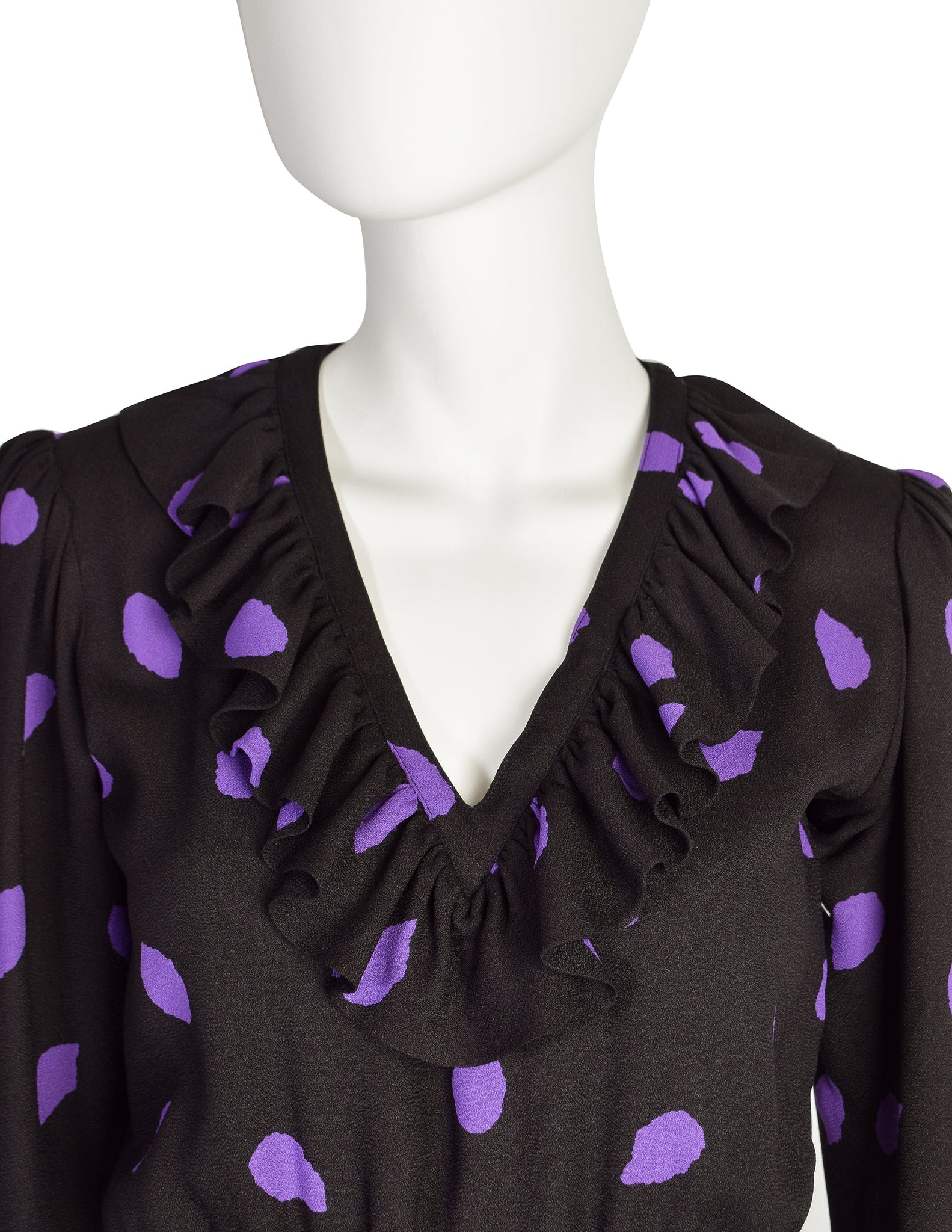 Yves Saint Laurent Vintage 1970s Black Purple Leaf Print Ruffle Dress