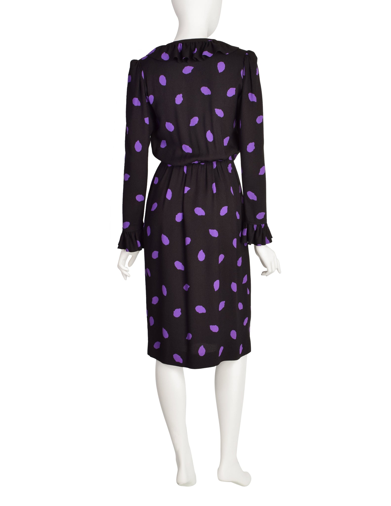 Yves Saint Laurent Vintage 1970s Black Purple Leaf Print Ruffle Dress