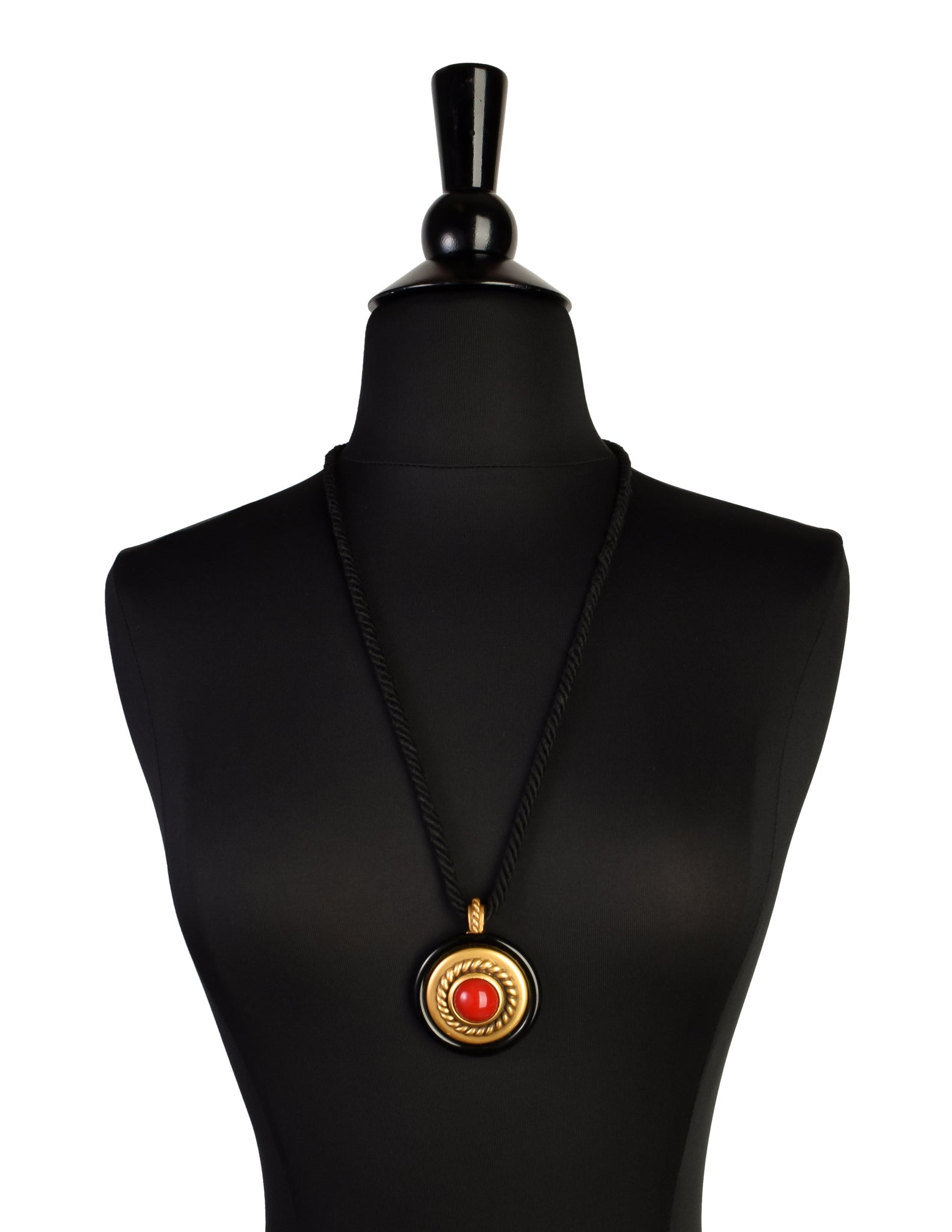 Yves Saint Laurent Vintage 1983 Black Red Gold Cabochon Pendant Rope Necklace