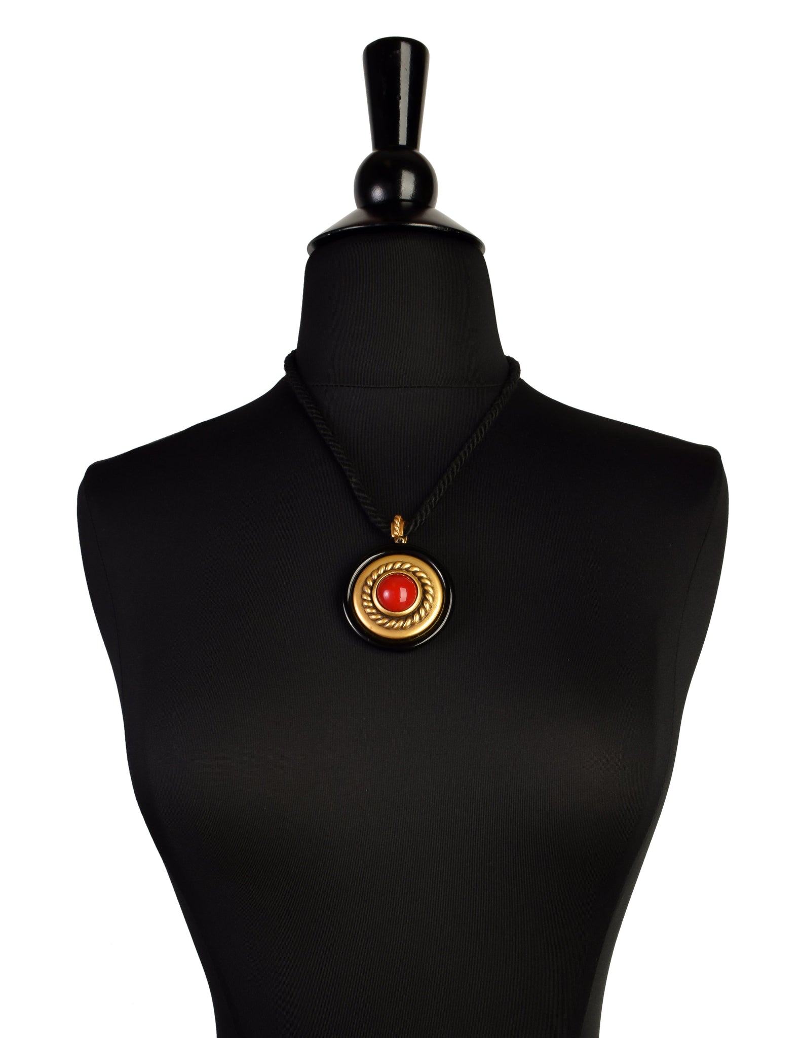 Yves Saint Laurent Vintage 1983 Black Red Gold Cabochon Pendant Rope Necklace