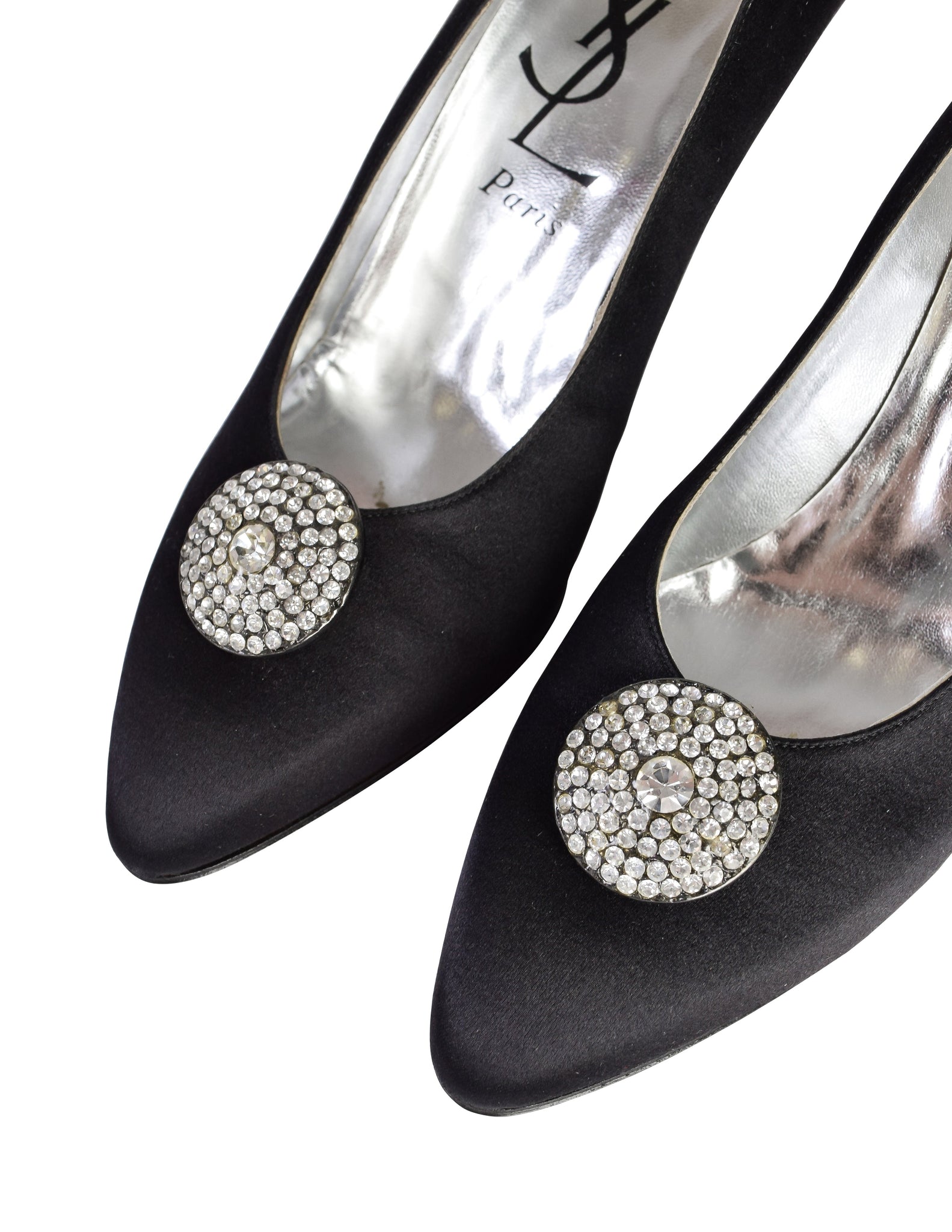 Yves Saint Laurent Vintage Black Satin Rhinestone Disc Embellished High Heel Pumps