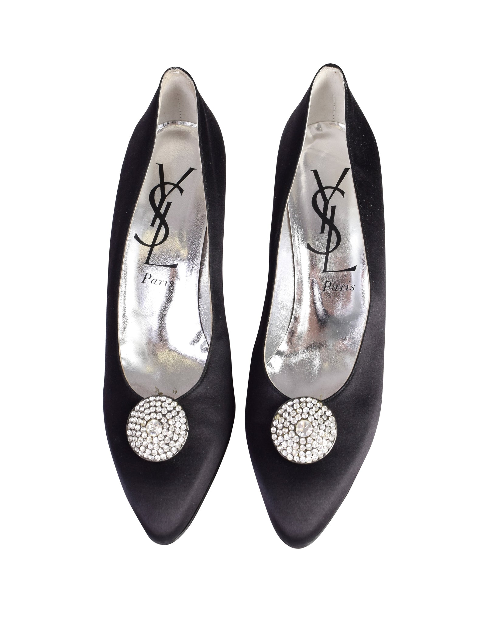 Yves Saint Laurent Vintage Black Satin Rhinestone Disc Embellished High Heel Pumps