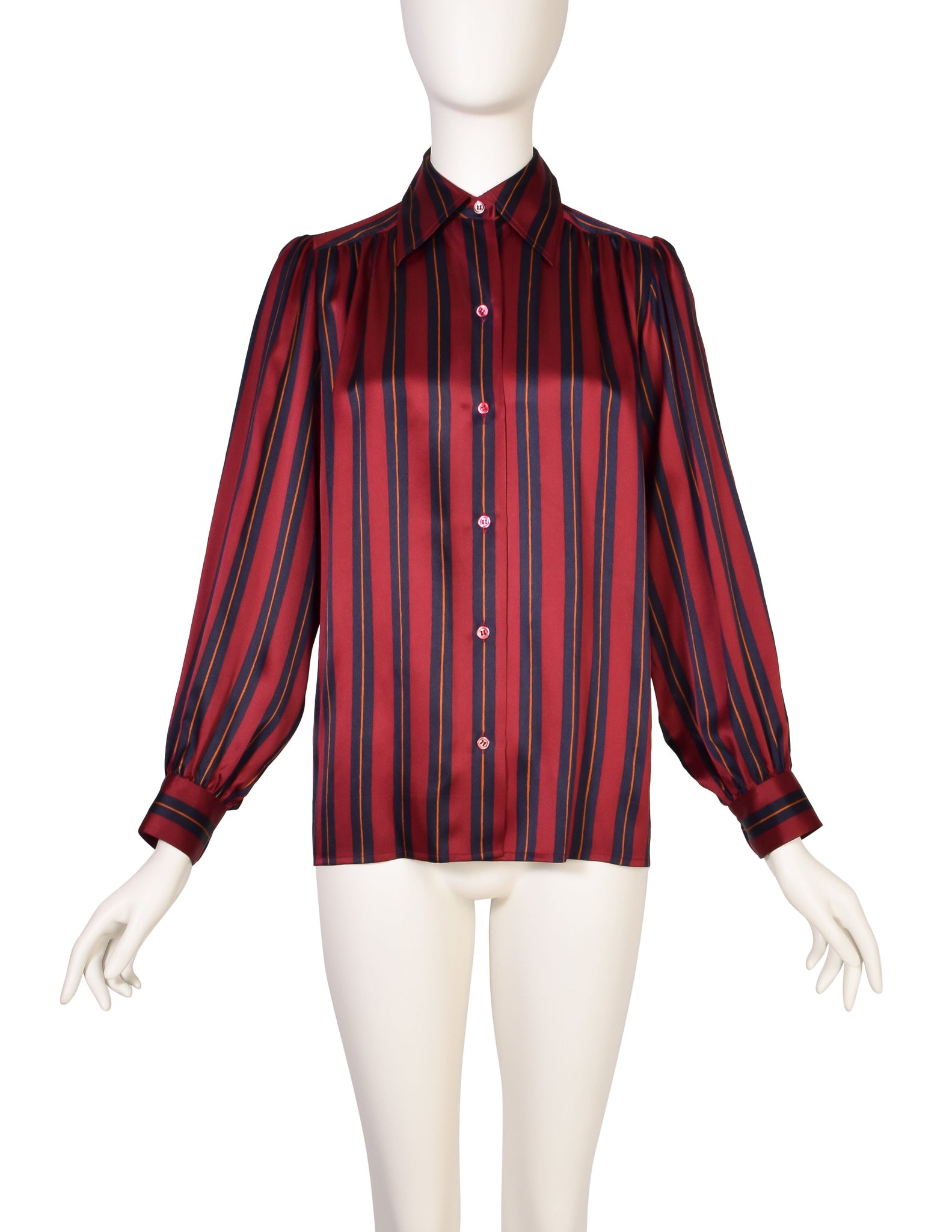 Yves Saint Laurent Vintage Maroon Navy Striped Silk Charmeuse Button Up Shirt