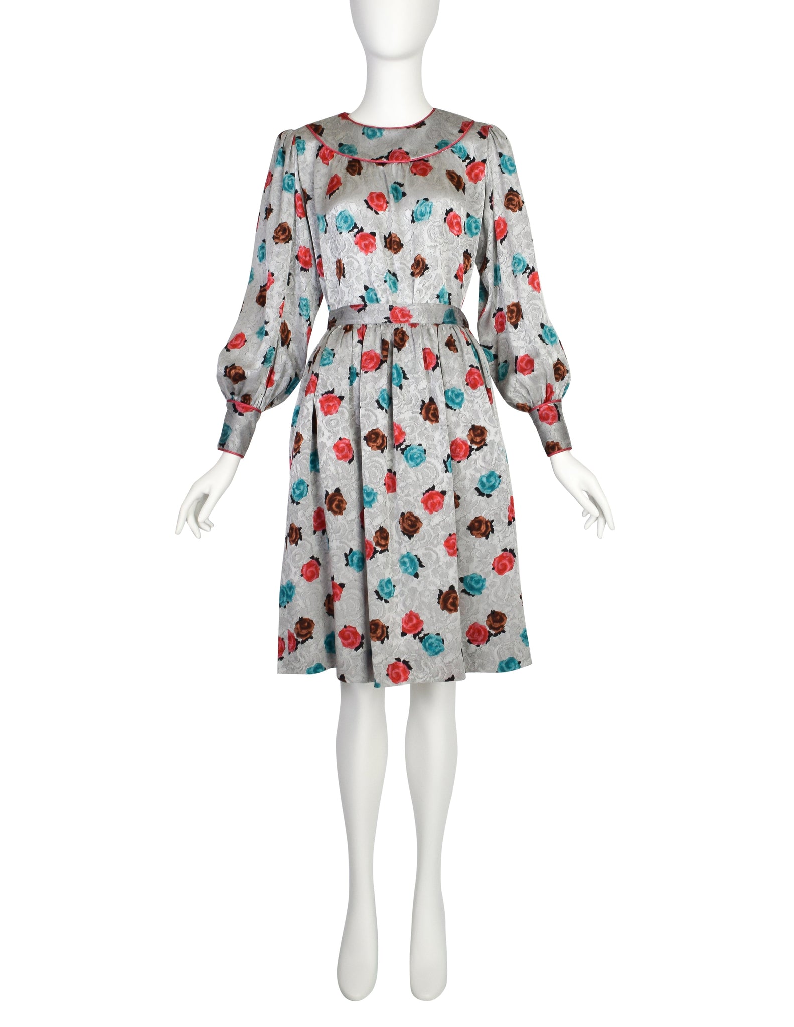 Yves Saint Laurent Vintage SS 1982 Silver Floral Jacquard Puff Sleeve Top and Skirt Ensemble Set